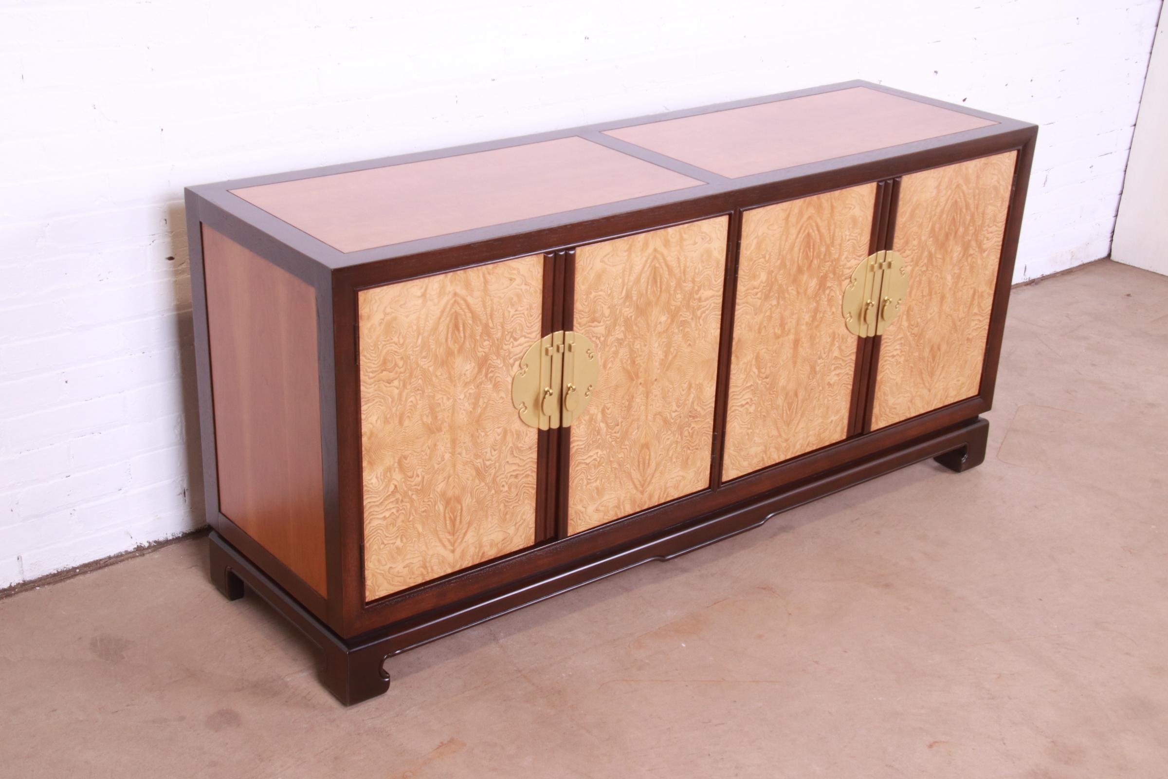 Brass Drexel Heritage Chinoiserie Burl Wood Sideboard Credenza, Newly Refinished