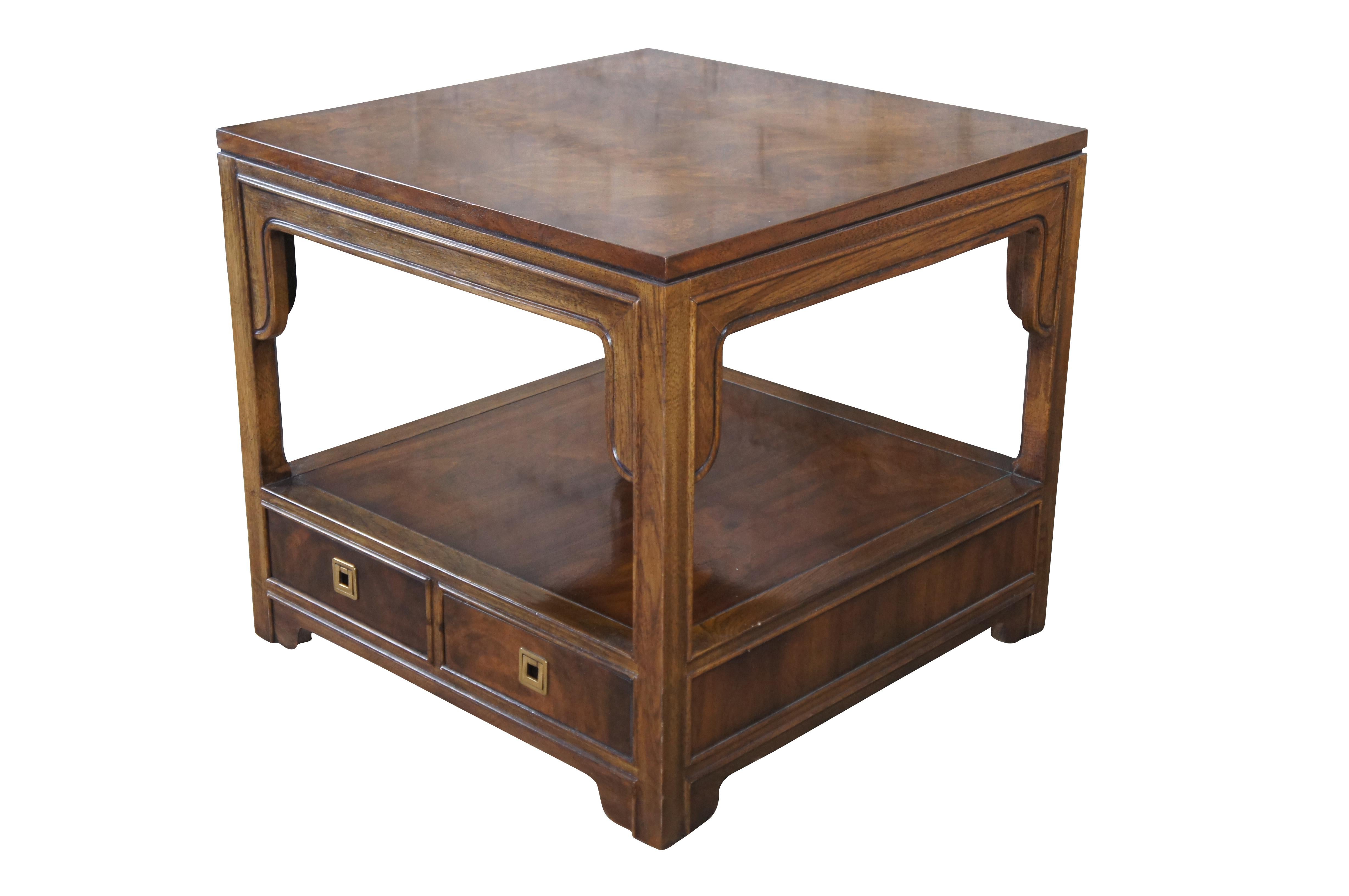 American Drexel Heritage Chinoiserie Campaign Style Walnut Burl Tiered Side End Table For Sale