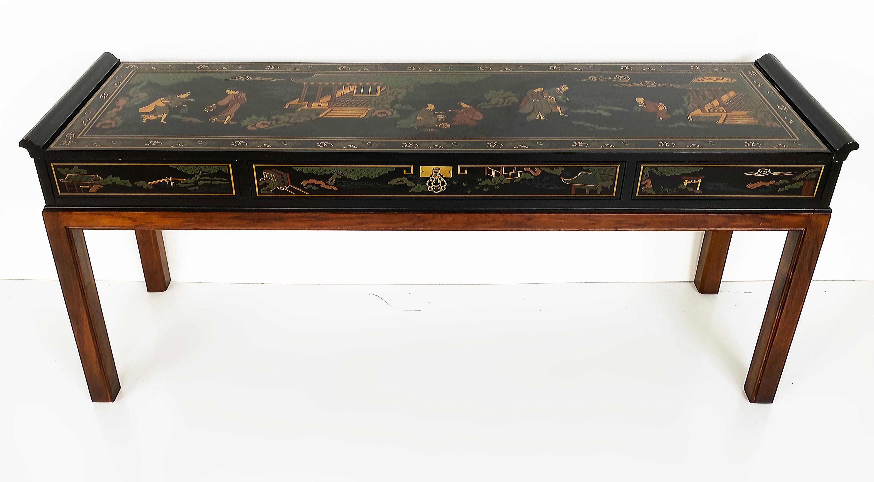 American Drexel Heritage Chinoiserie Console Table, Drawer and Glass Top For Sale