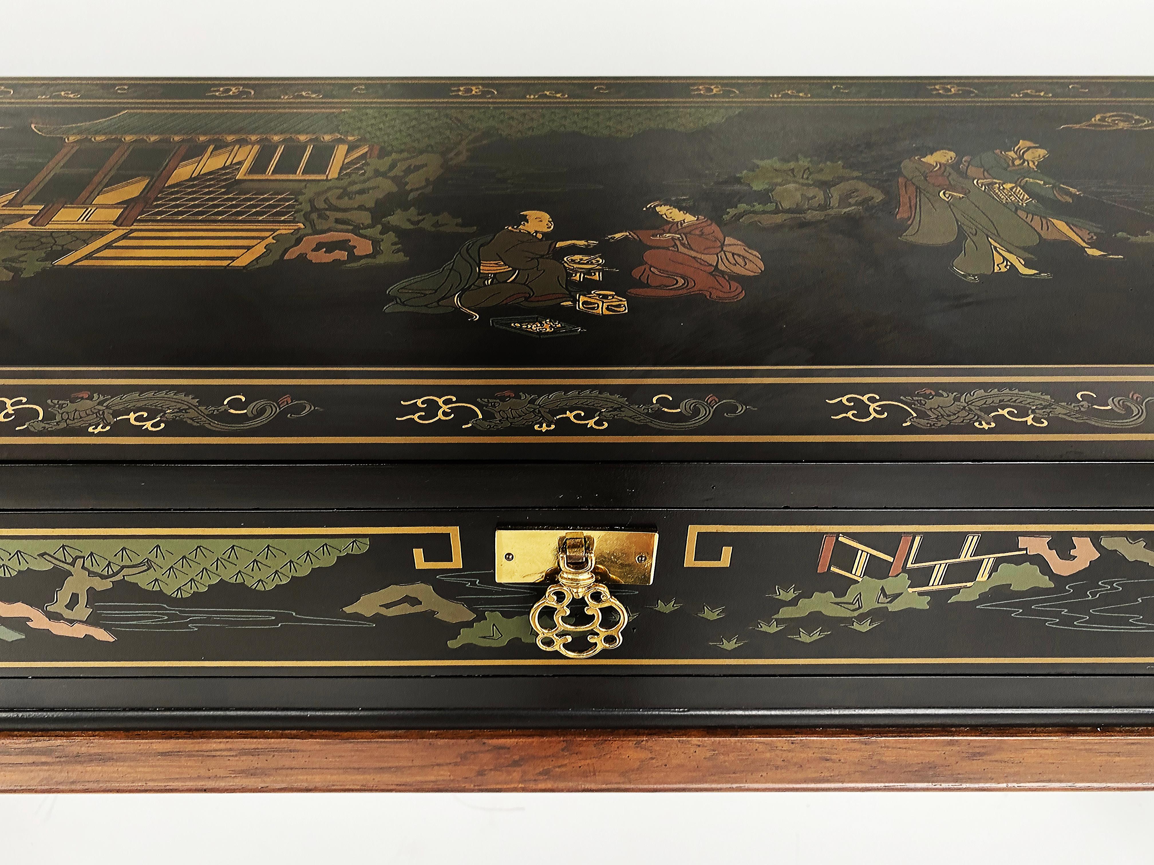 American Drexel Heritage Chinoiserie Console Table, Drawer and Glass Top For Sale