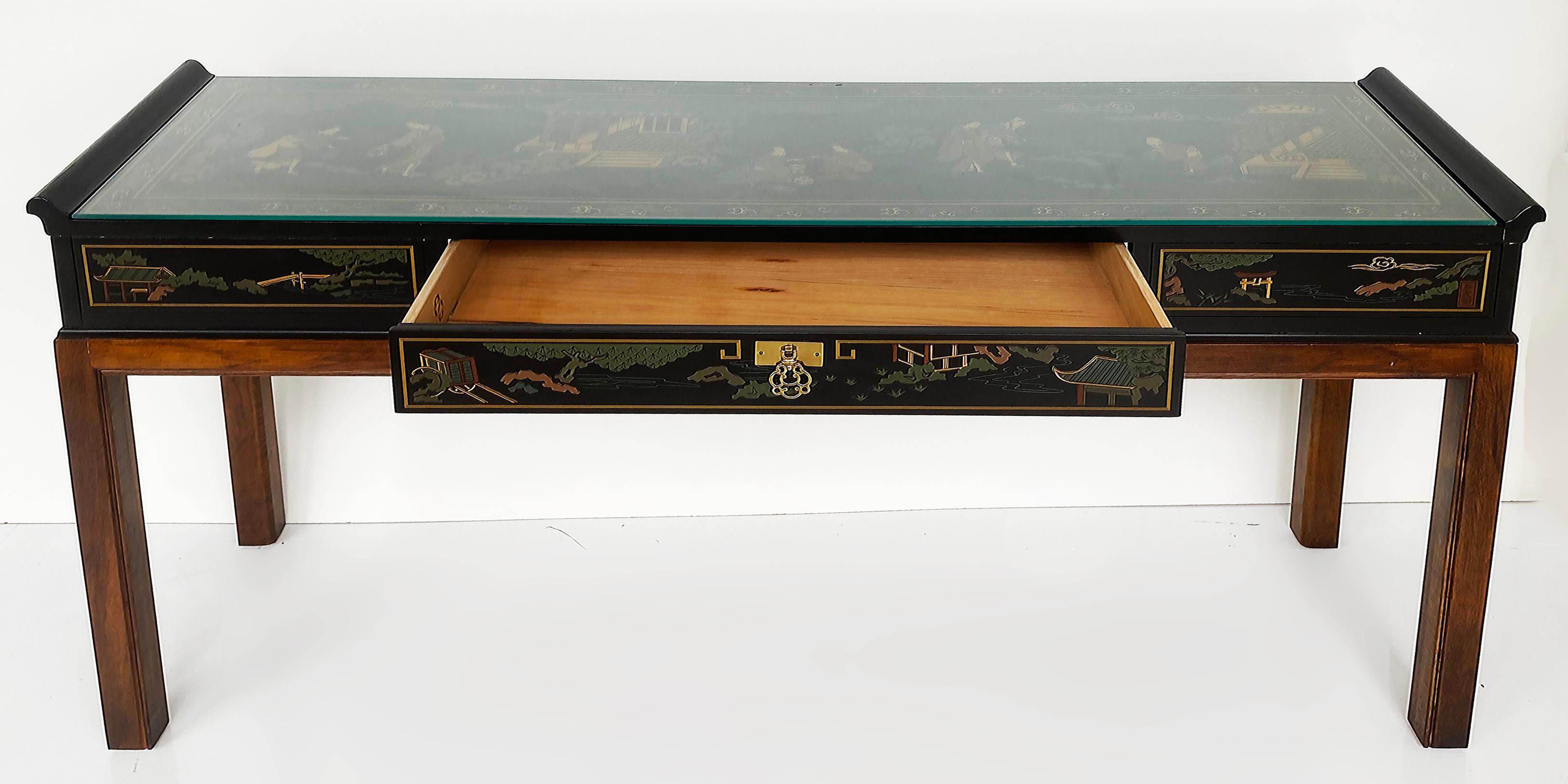 20th Century Drexel Heritage Chinoiserie Console Table, Drawer and Glass Top For Sale