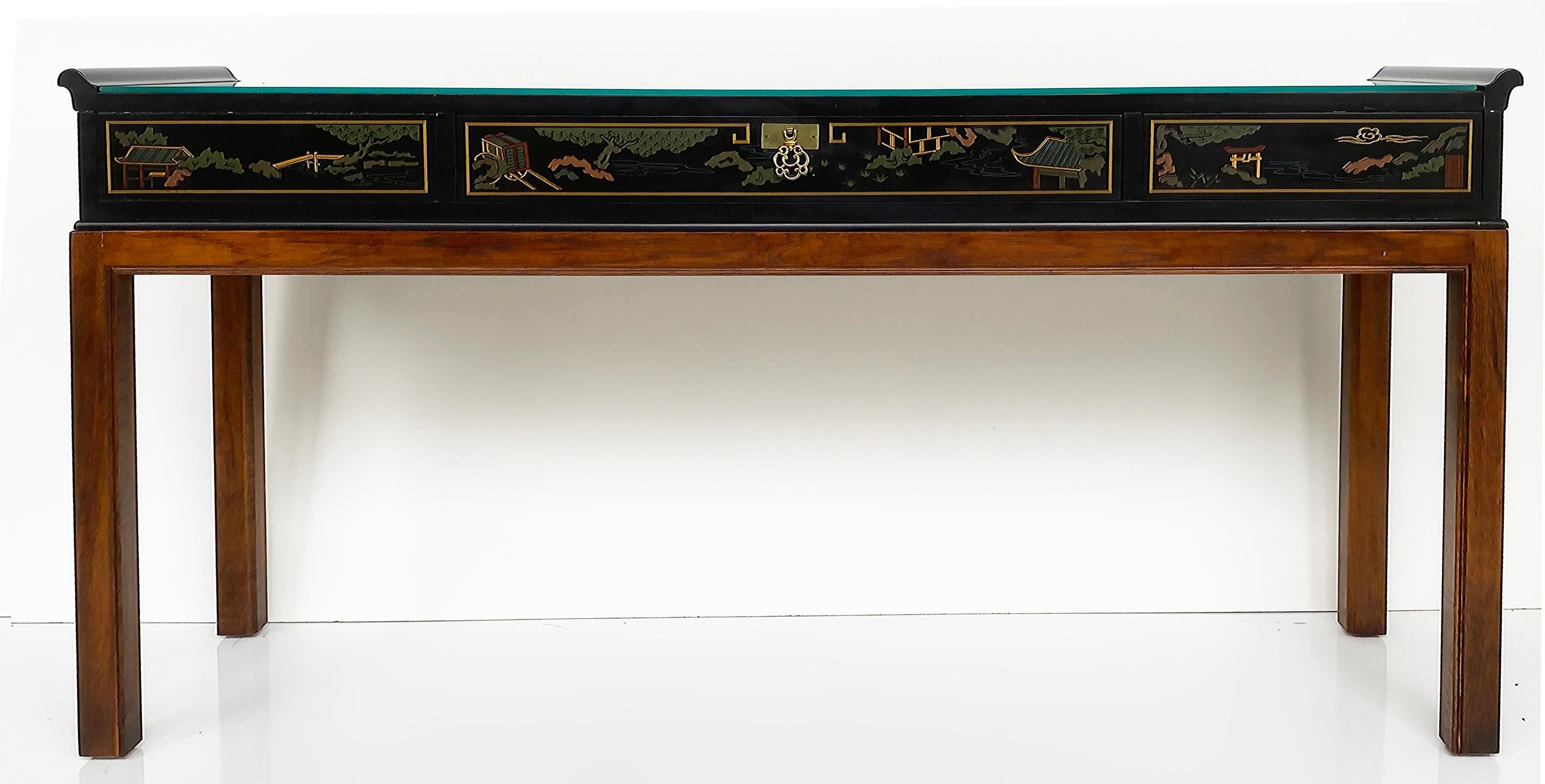 20ième siècle Table console, tiroir et plateau en verre Drexel Heritage Chinoiserie en vente