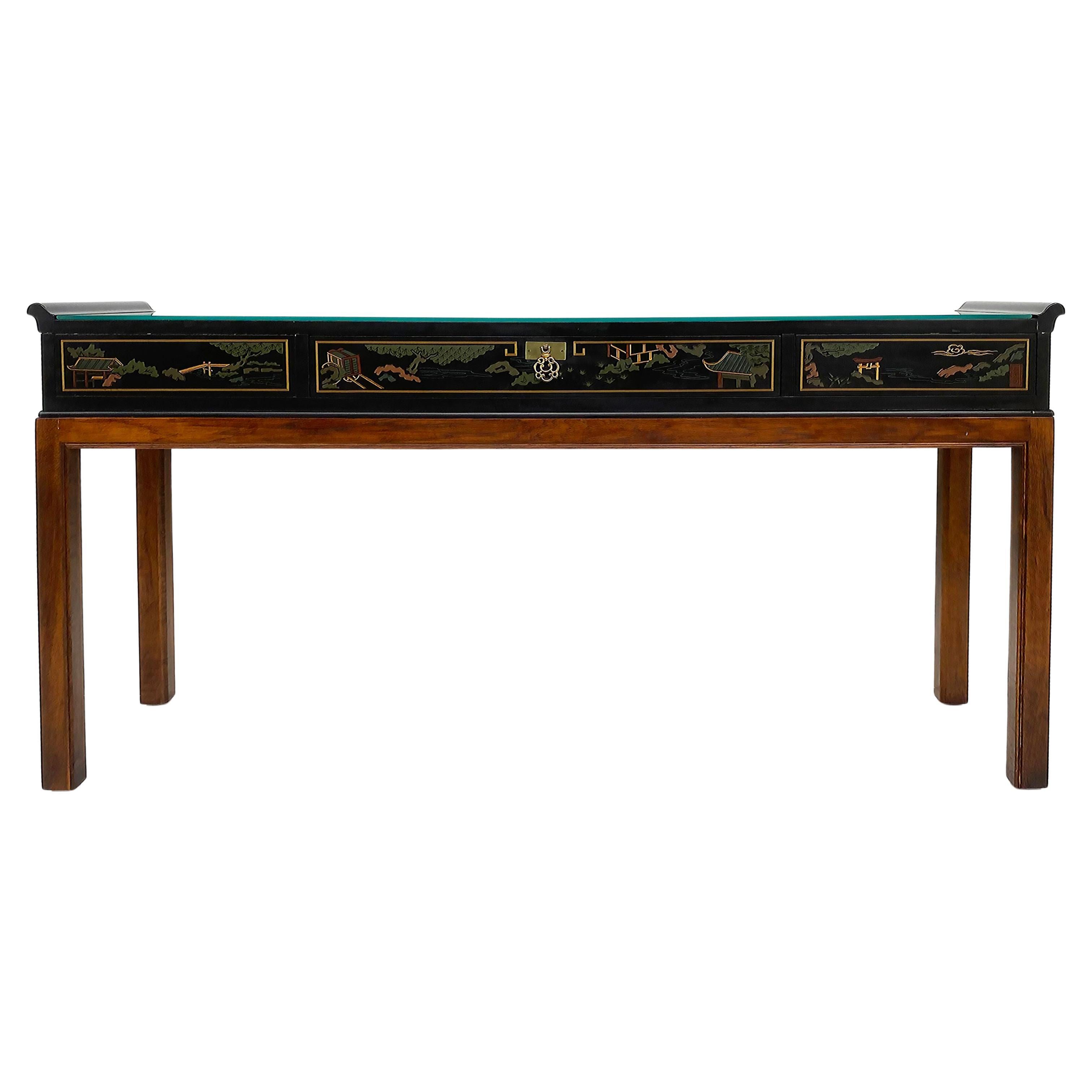 Table console, tiroir et plateau en verre Drexel Heritage Chinoiserie