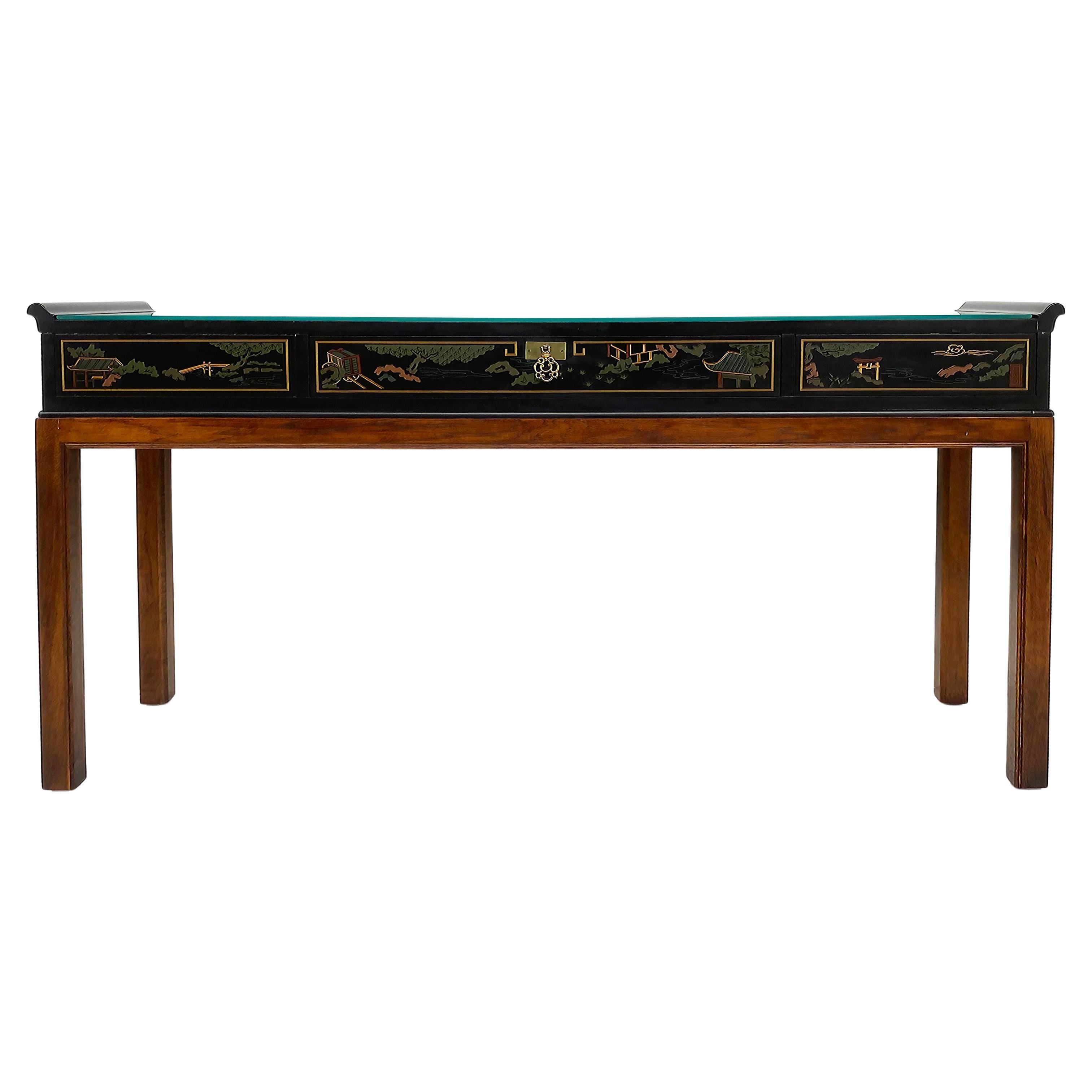 Drexel Heritage Chinoiserie-Konsolentisch mit Schublade und Glasplatte