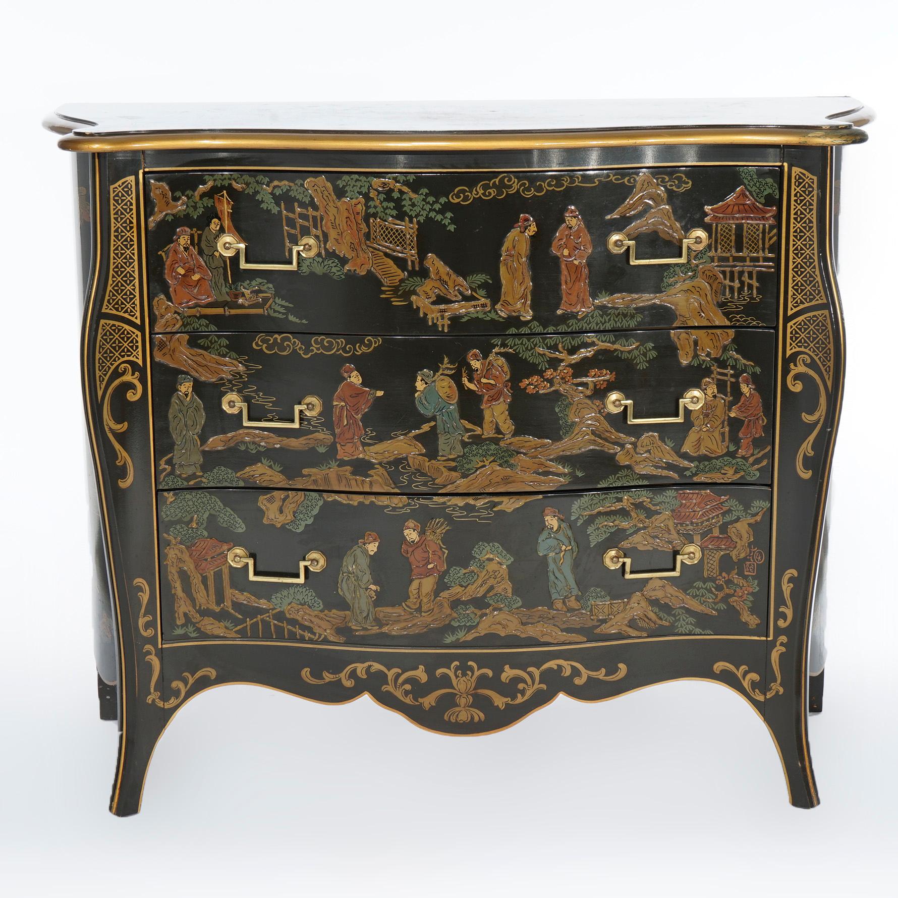 A Chinoiserie decorated commode by Drexel Heritage offers ebonized swell front case with shaped top over three drawers, allover genre scenes with landscape and figures, maker mark as photographed, 20th century

Measures- 32.25''H x 40.5''W x