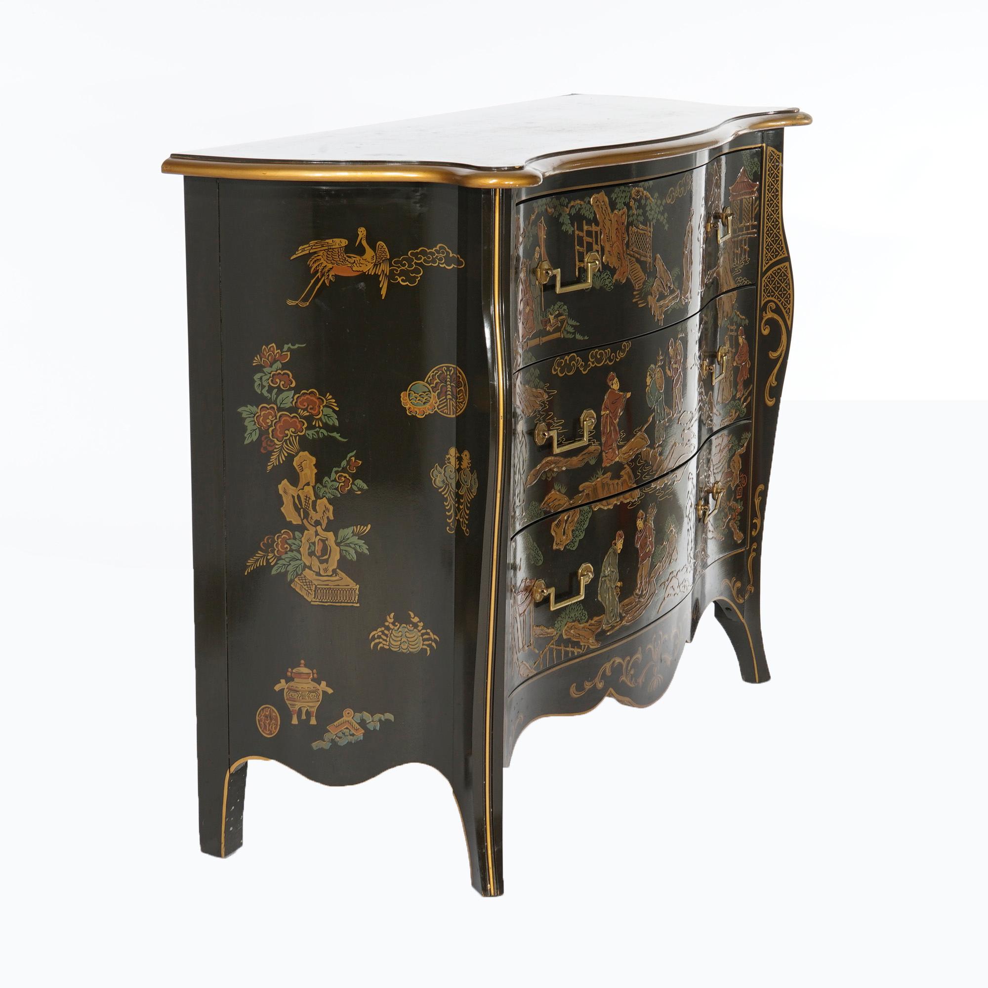 American Drexel Heritage Chinoiserie Decorated & Gilt Commode, Genre Scenes, 20th C