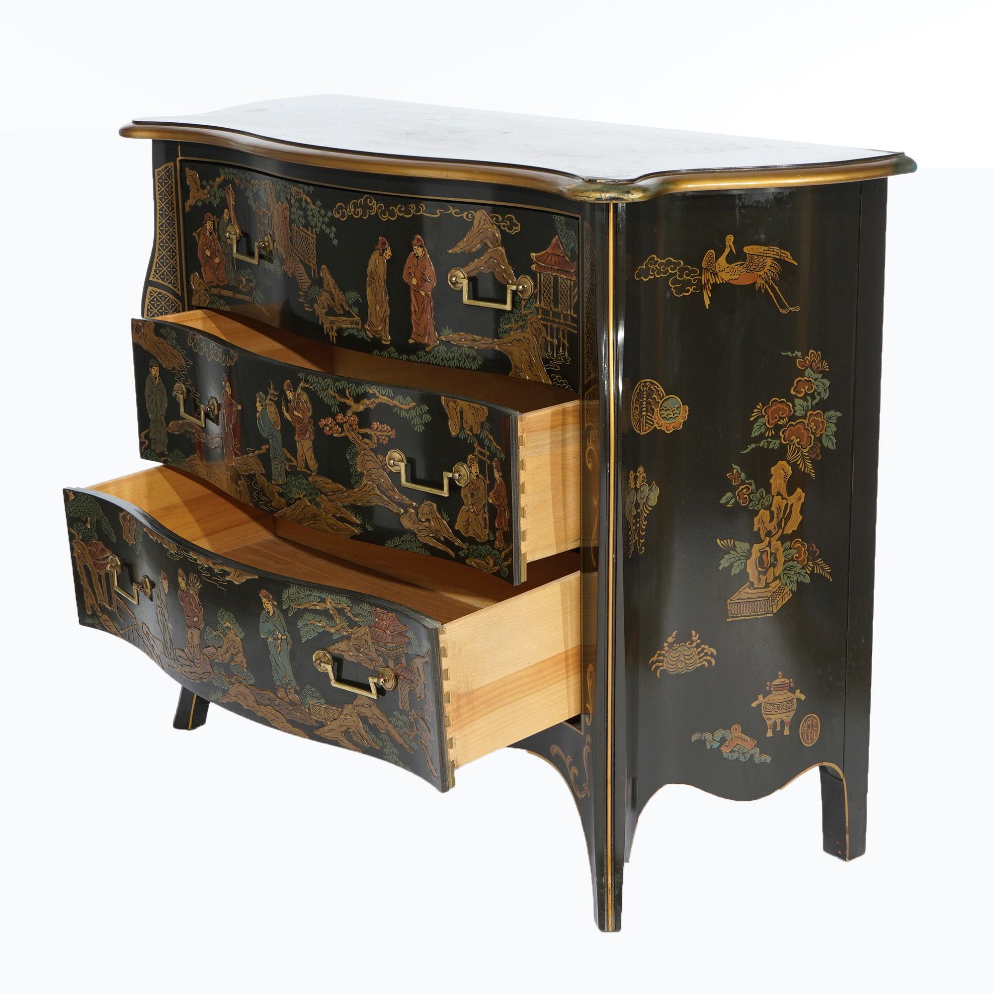 20th Century Drexel Heritage Chinoiserie Decorated & Gilt Commode, Genre Scenes, 20th C