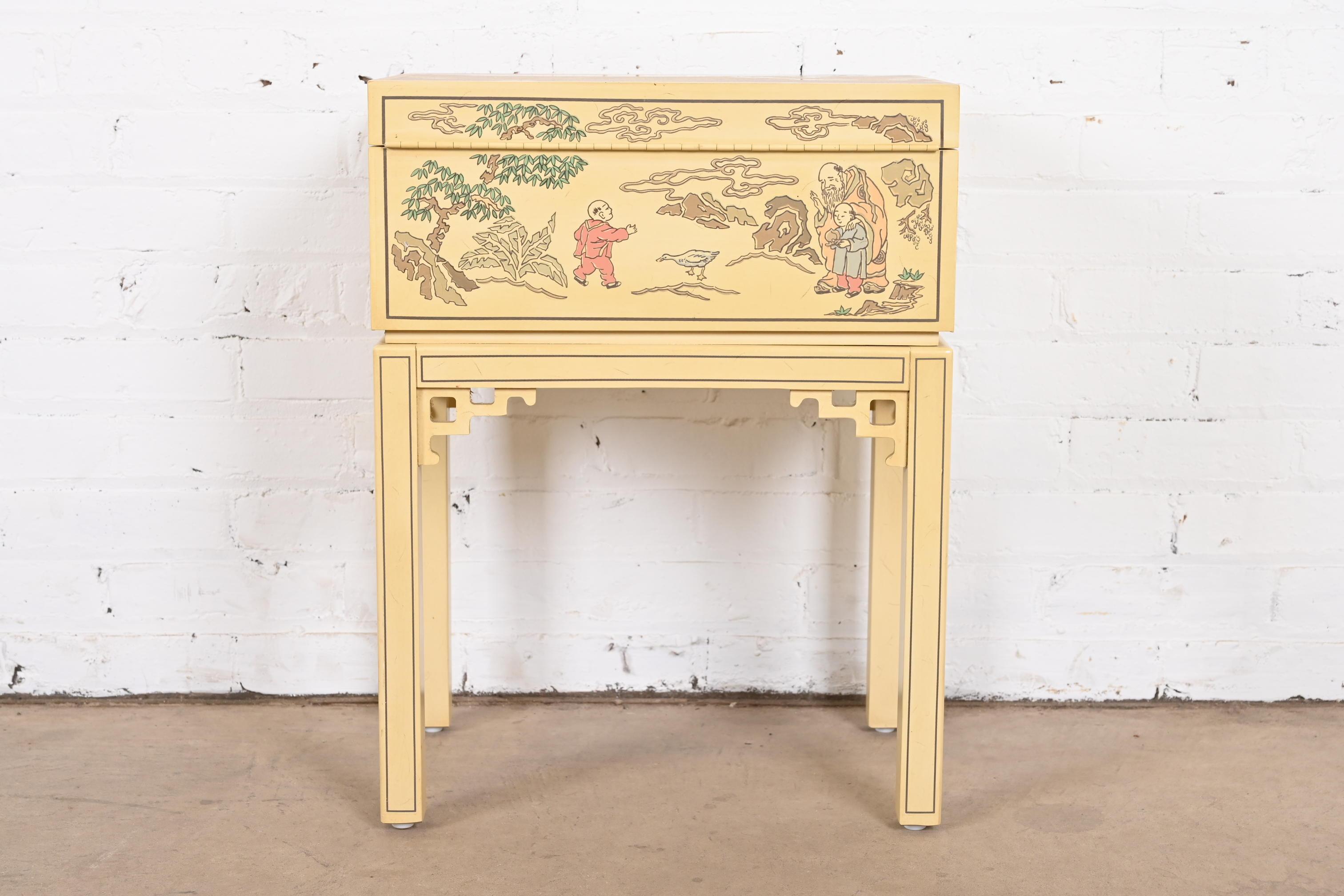 Drexel Heritage Chinoiserie Hand-Painted Cream Lacquered Chest on Stand For Sale 10