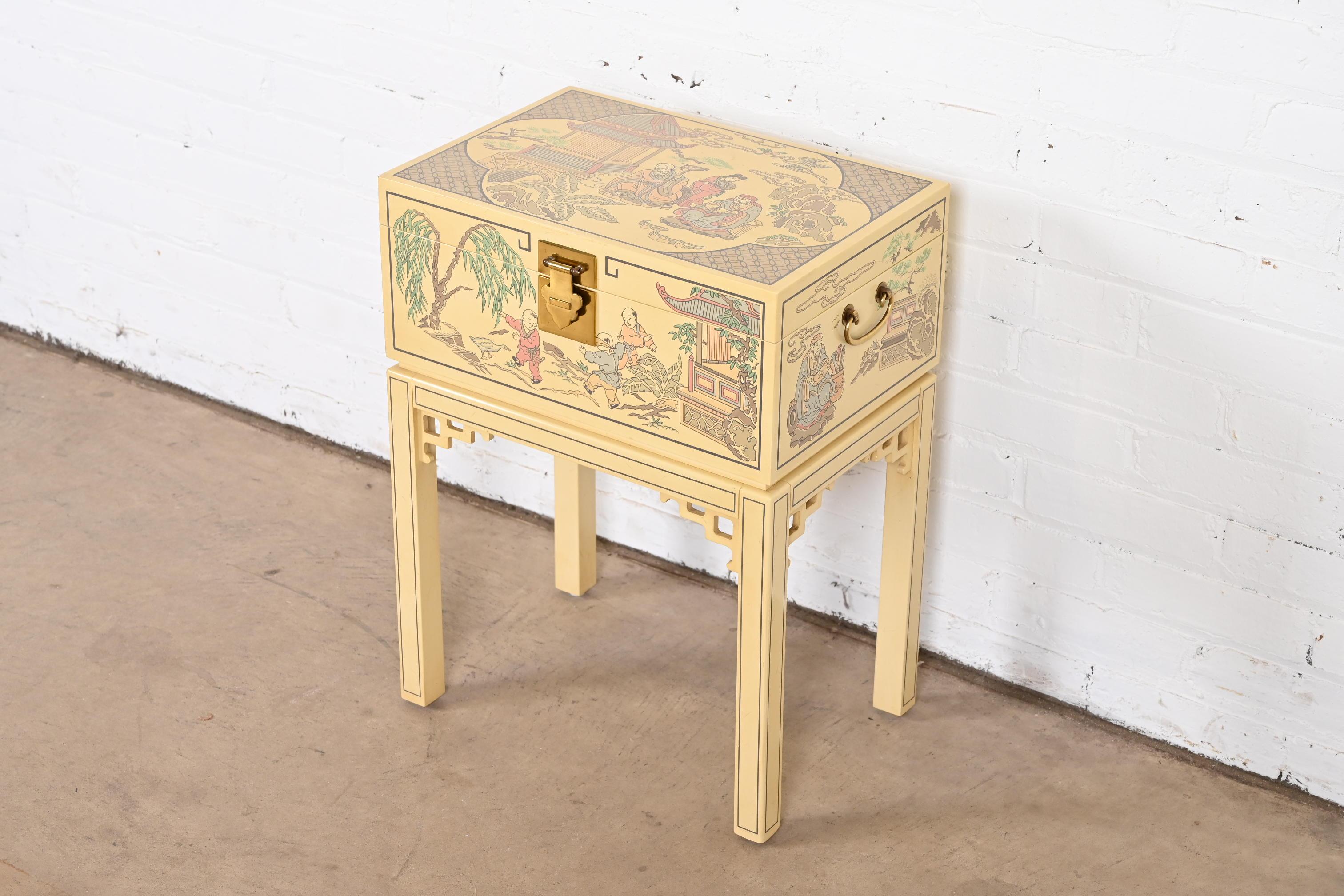 American Drexel Heritage Chinoiserie Hand-Painted Cream Lacquered Chest on Stand For Sale
