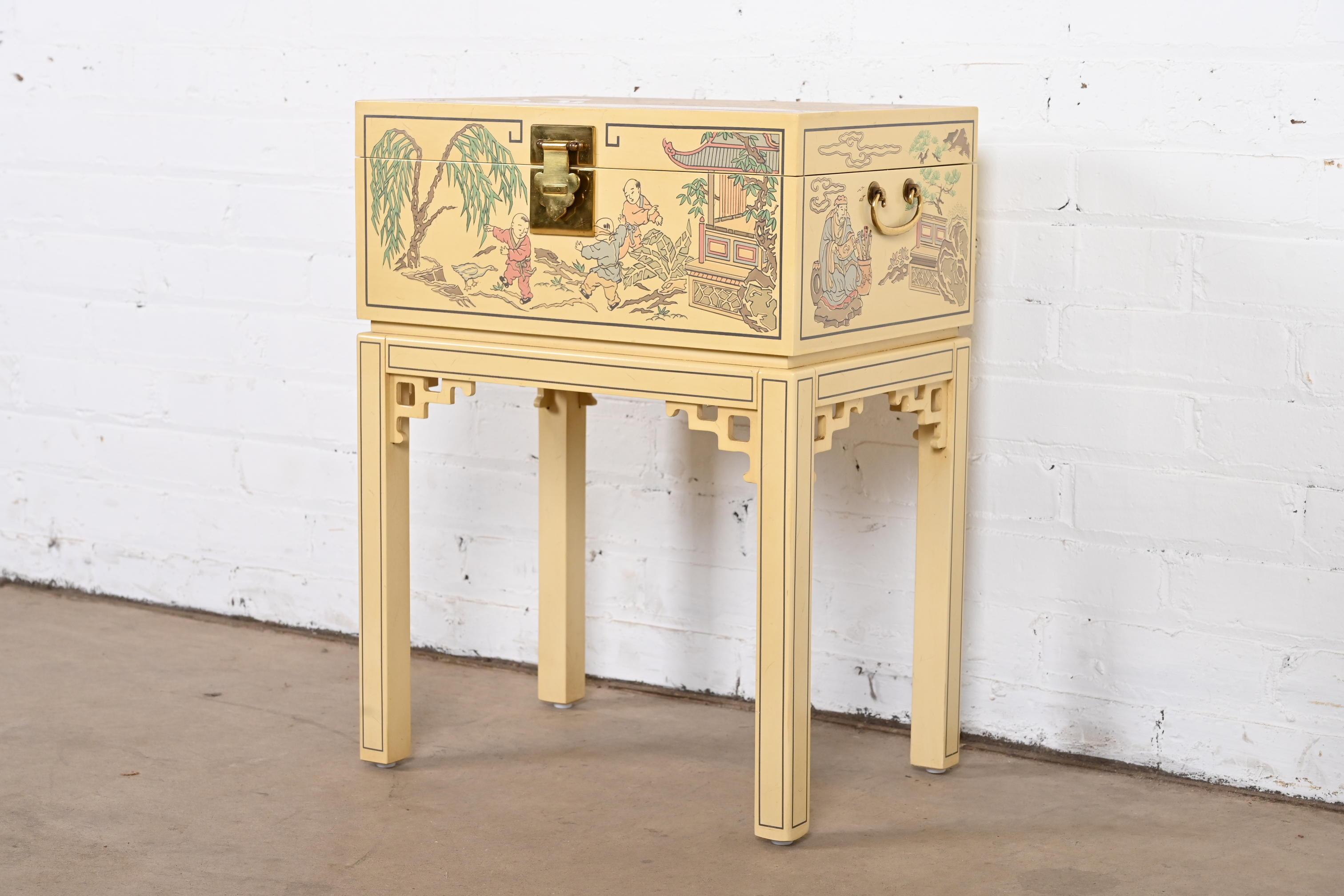 Drexel Heritage Chinoiserie Hand-Painted Cream Lacquered Chest on Stand In Good Condition For Sale In South Bend, IN
