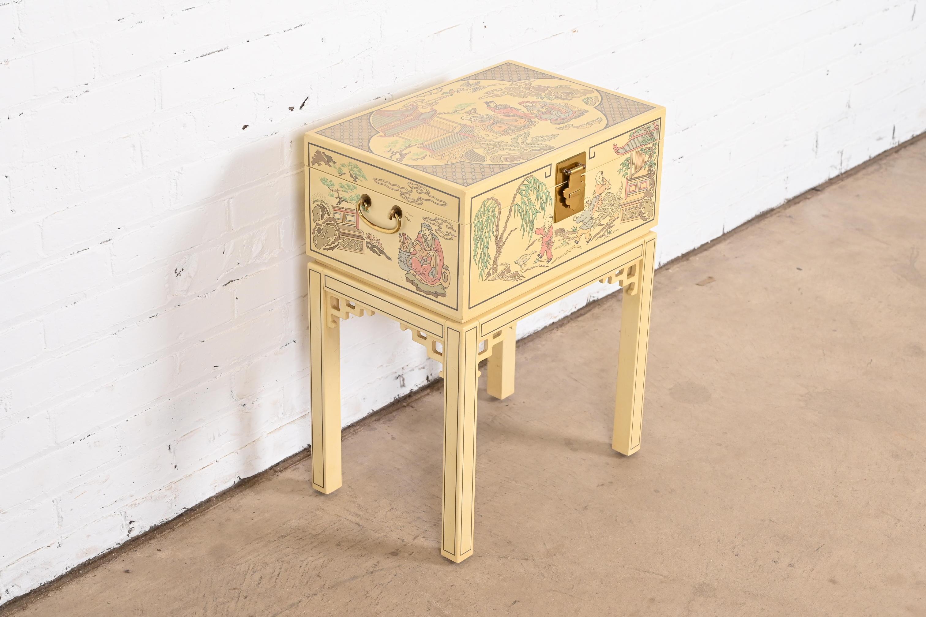 20th Century Drexel Heritage Chinoiserie Hand-Painted Cream Lacquered Chest on Stand For Sale