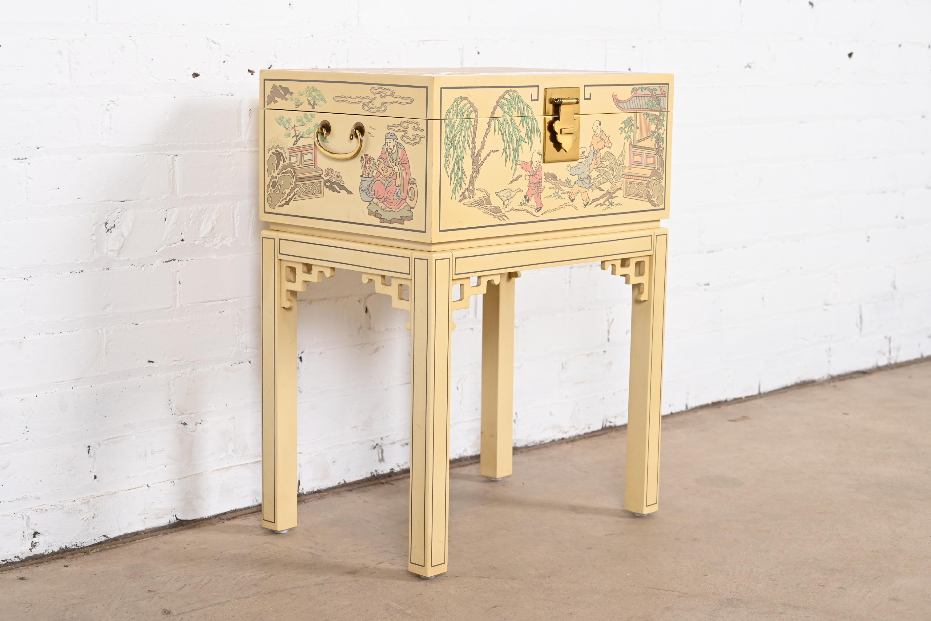 Mahogany Drexel Heritage Chinoiserie Hand-Painted Cream Lacquered Chest on Stand For Sale