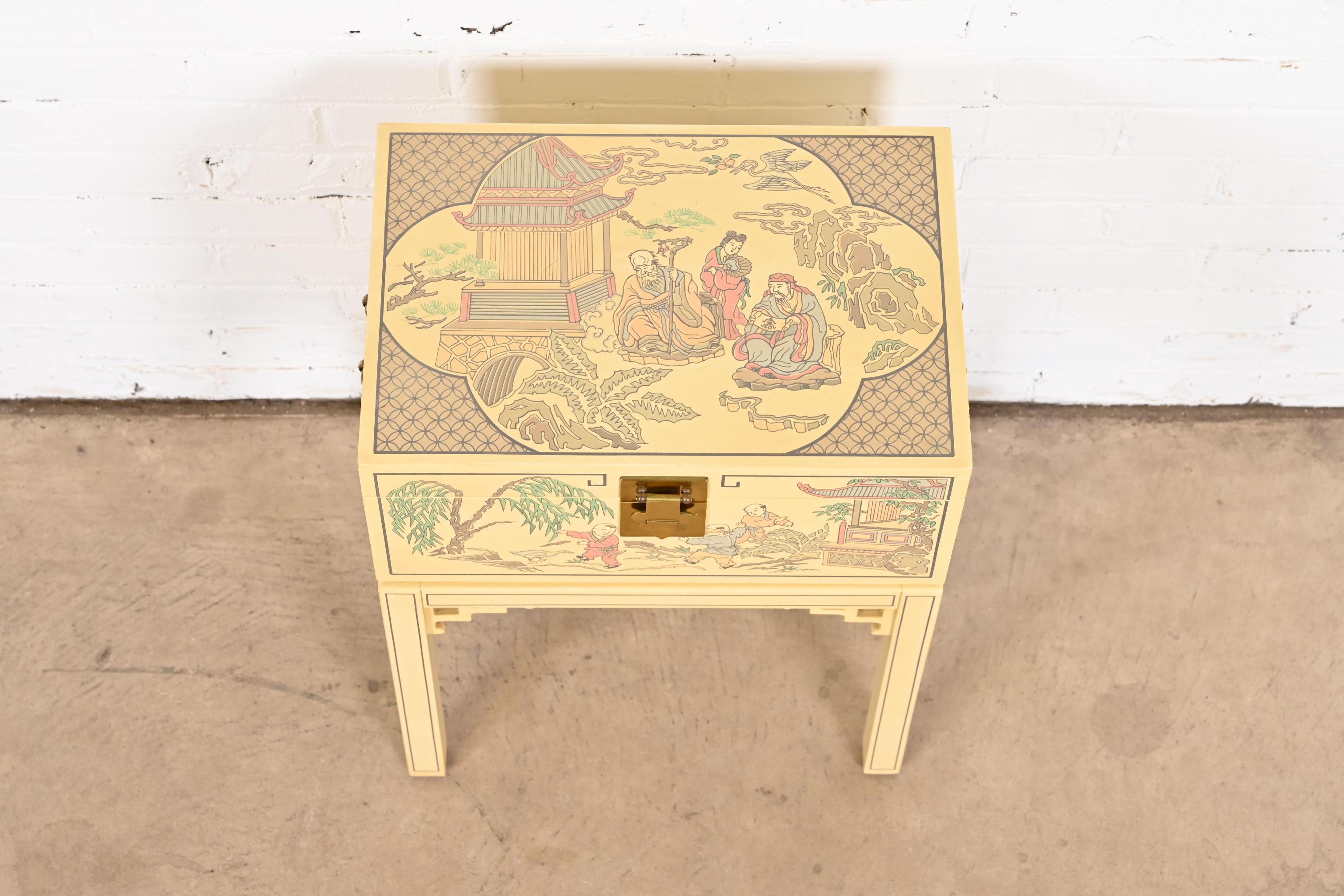 Drexel Heritage Chinoiserie Hand-Painted Cream Lacquered Chest on Stand For Sale 1
