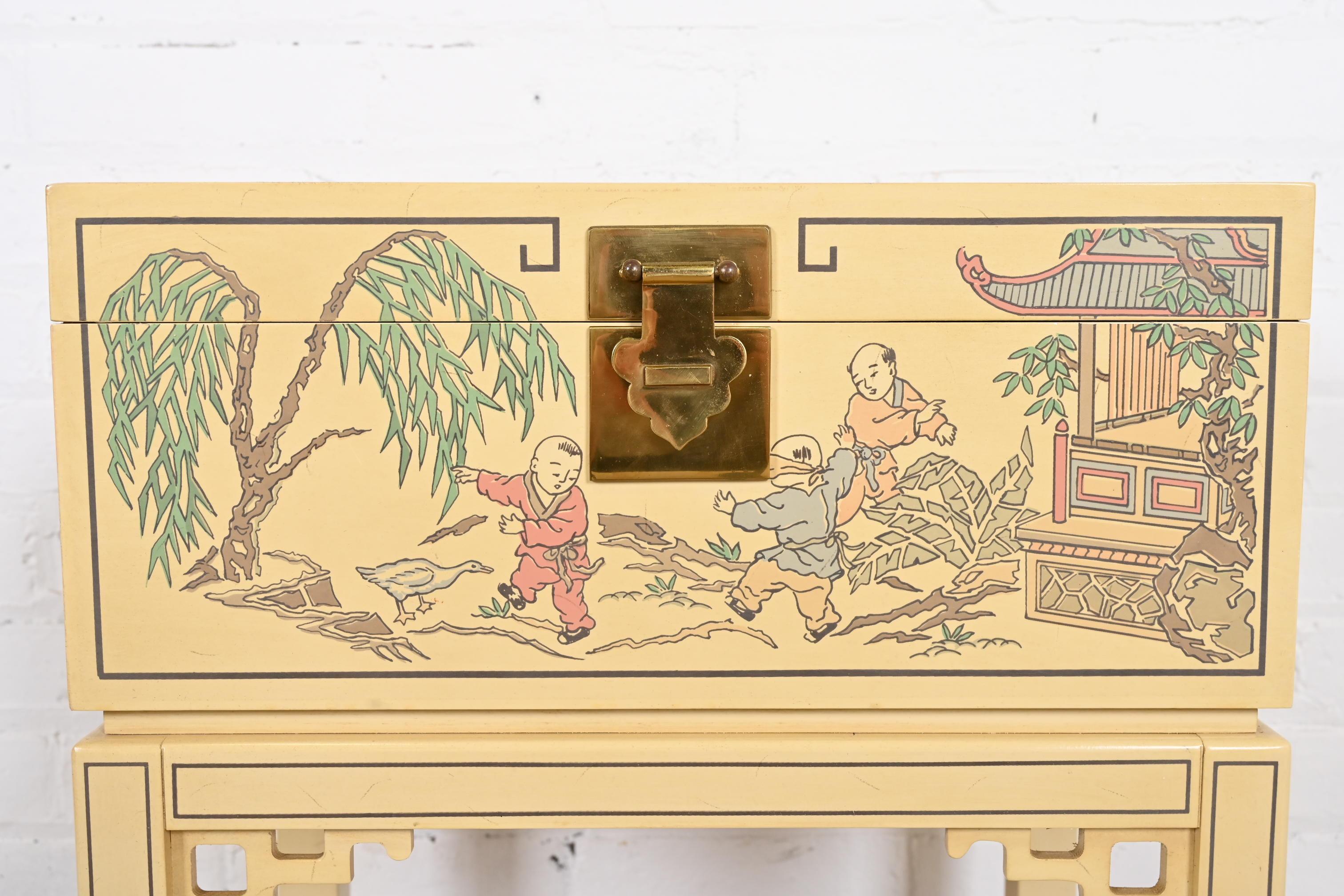 Drexel Heritage Chinoiserie Hand-Painted Cream Lacquered Chest on Stand For Sale 2
