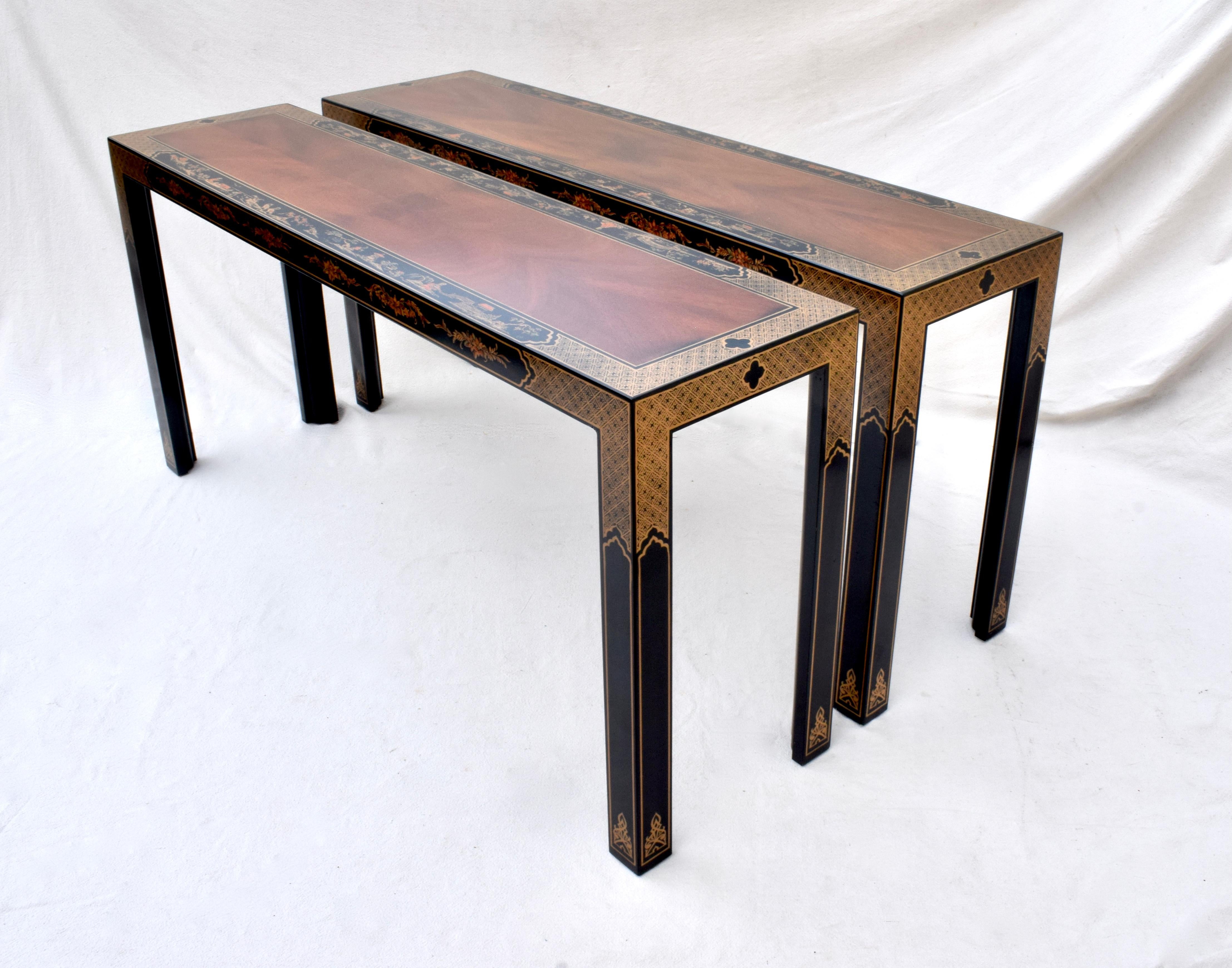 An especially long lithe pair of Asian Modern Parsons console tables by Drexel Heritage. New refinished tops showcase striking fiery Mahogany wood grains & Chinoiserie banded surround. Exquisite as they are or a marvelous candidate for modernizing