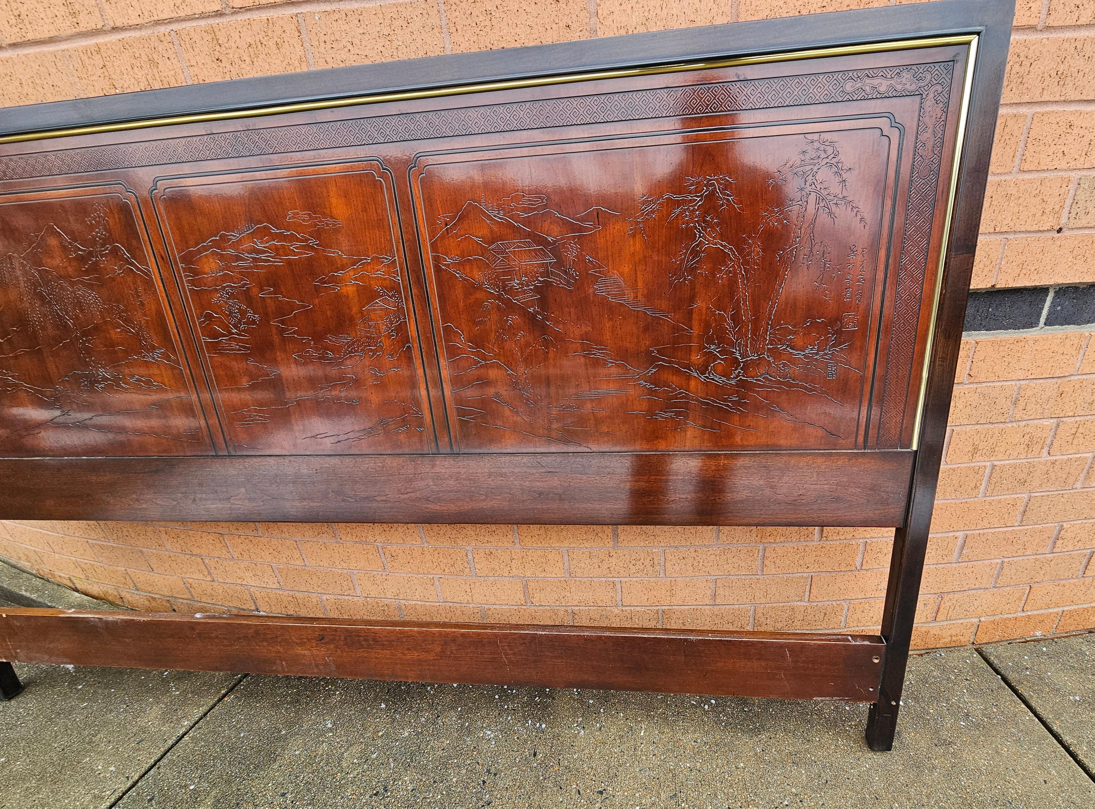 Drexel Heritage Chinoiserie Style Mountain Landscape Carving King Size Headboard In Good Condition For Sale In Germantown, MD