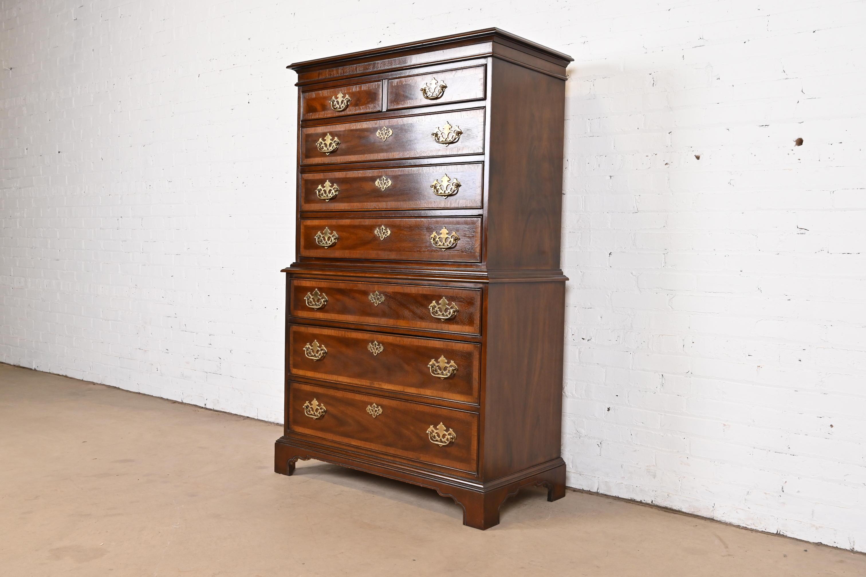 American Drexel Heritage Chippendale Banded Mahogany Highboy Dresser For Sale