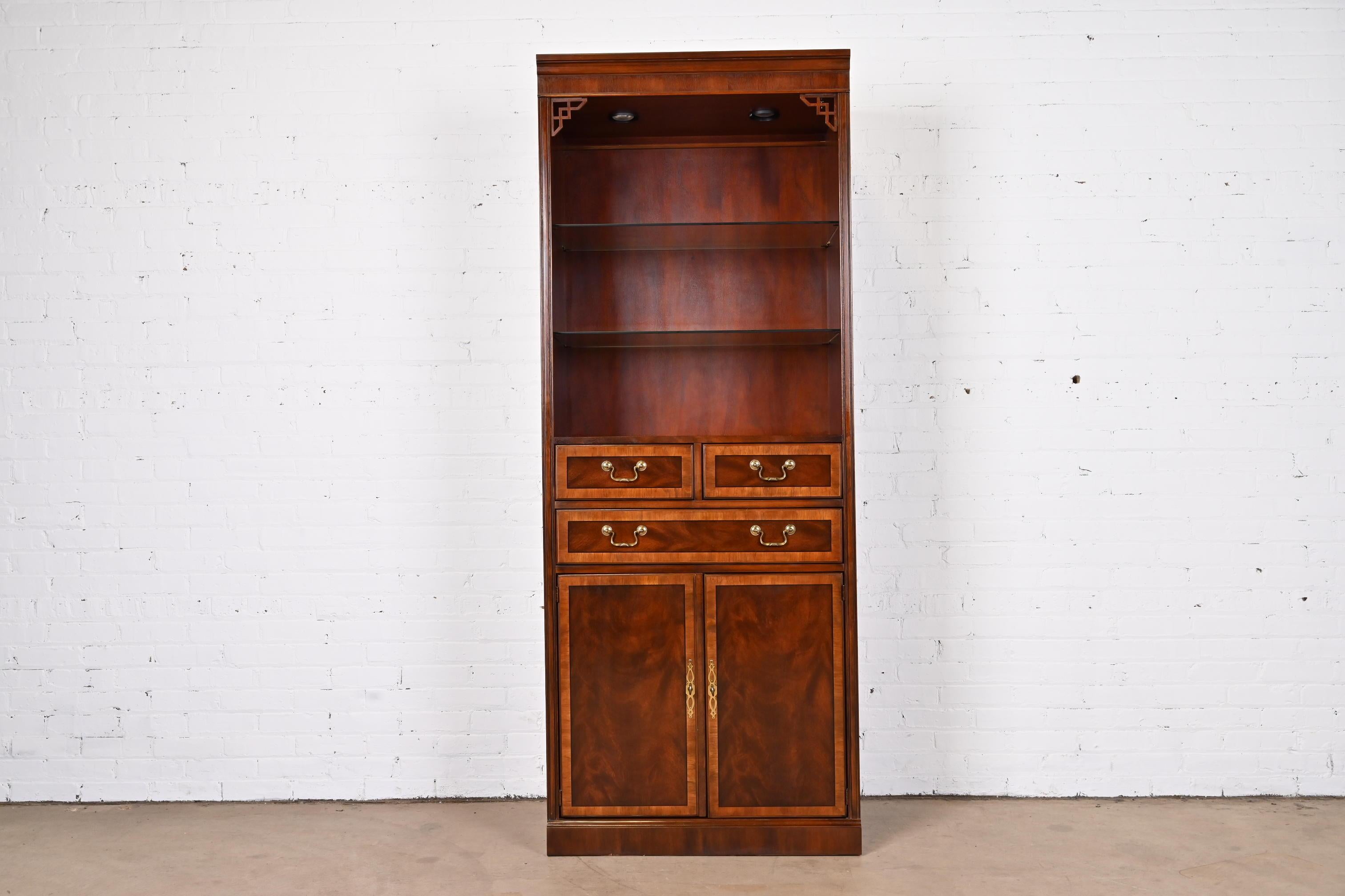 American Drexel Heritage Chippendale Banded Mahogany Lighted Bookcase Cabinet