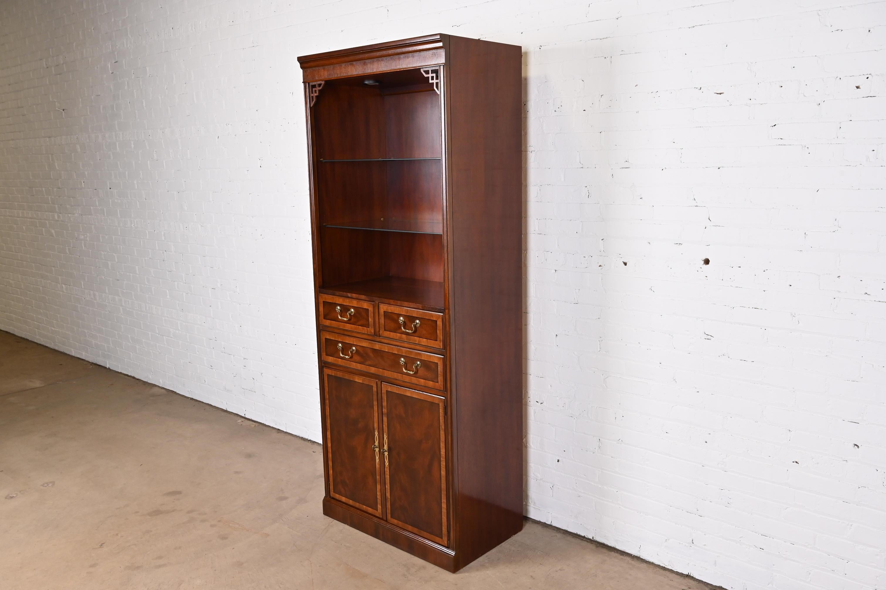 20th Century Drexel Heritage Chippendale Banded Mahogany Lighted Bookcase Cabinet