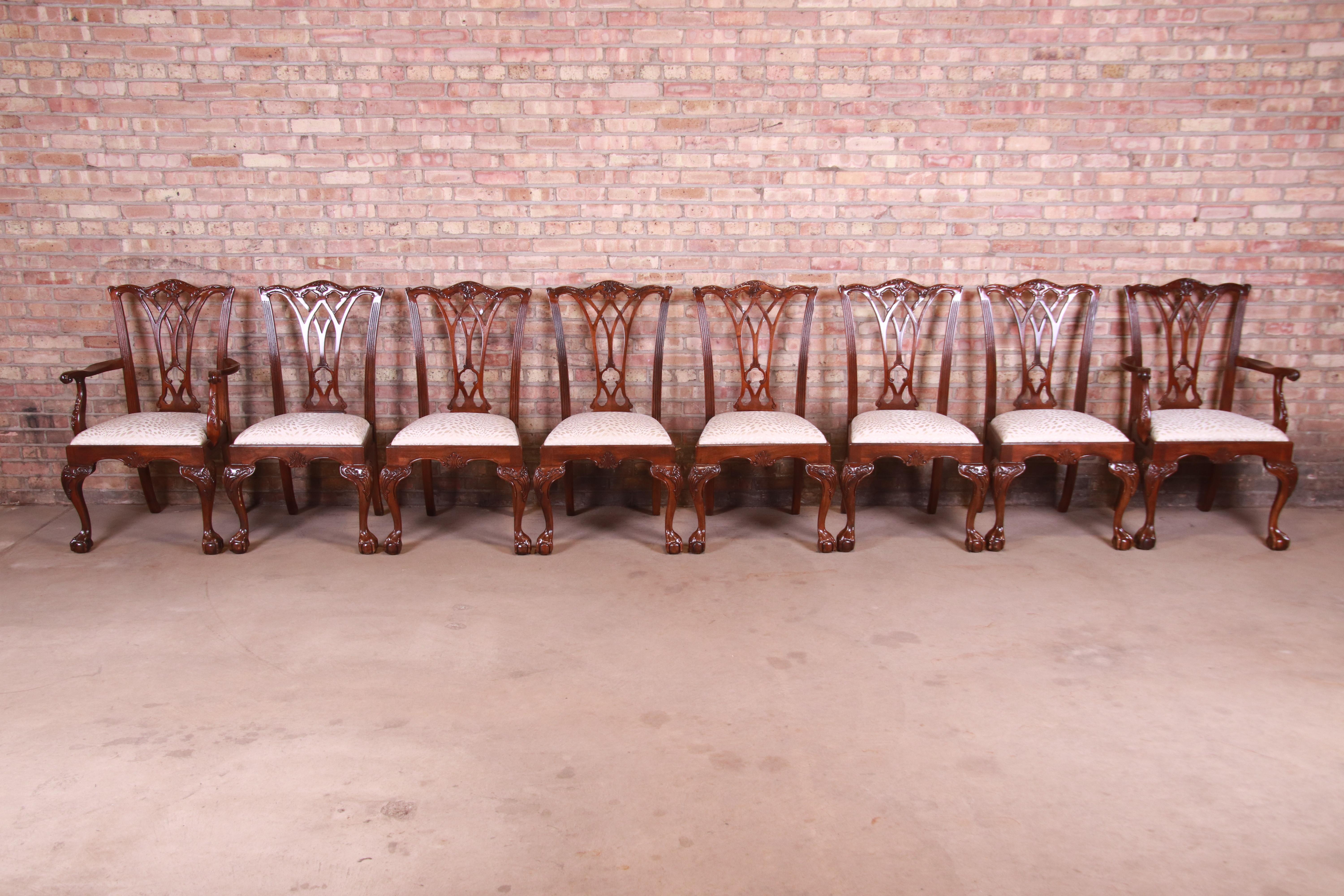 American Drexel Heritage Chippendale Carved Mahogany Dining Chairs, Set of Eight