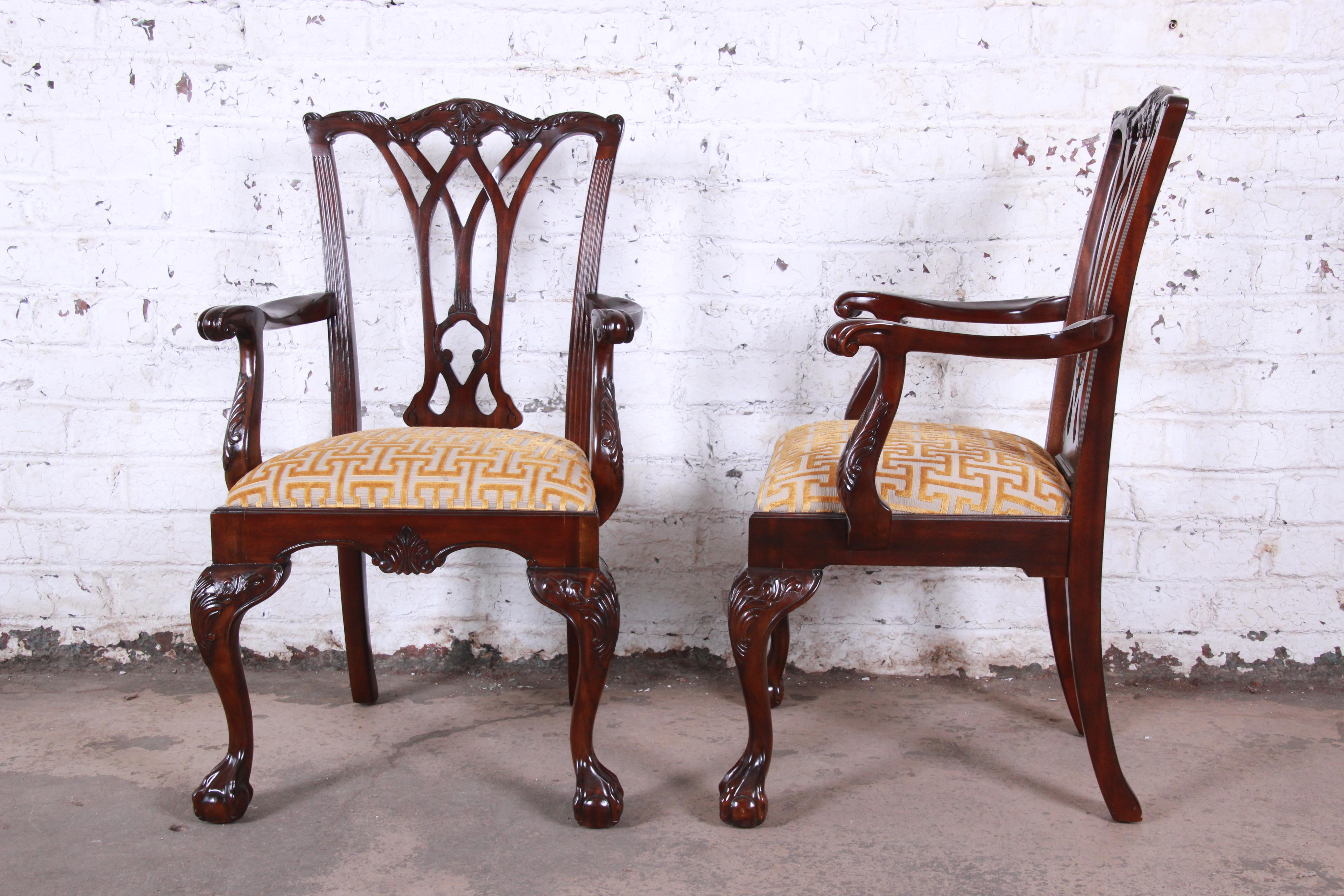 Indonesian Drexel Heritage Chippendale Carved Mahogany Dining Chairs, Set of Eight