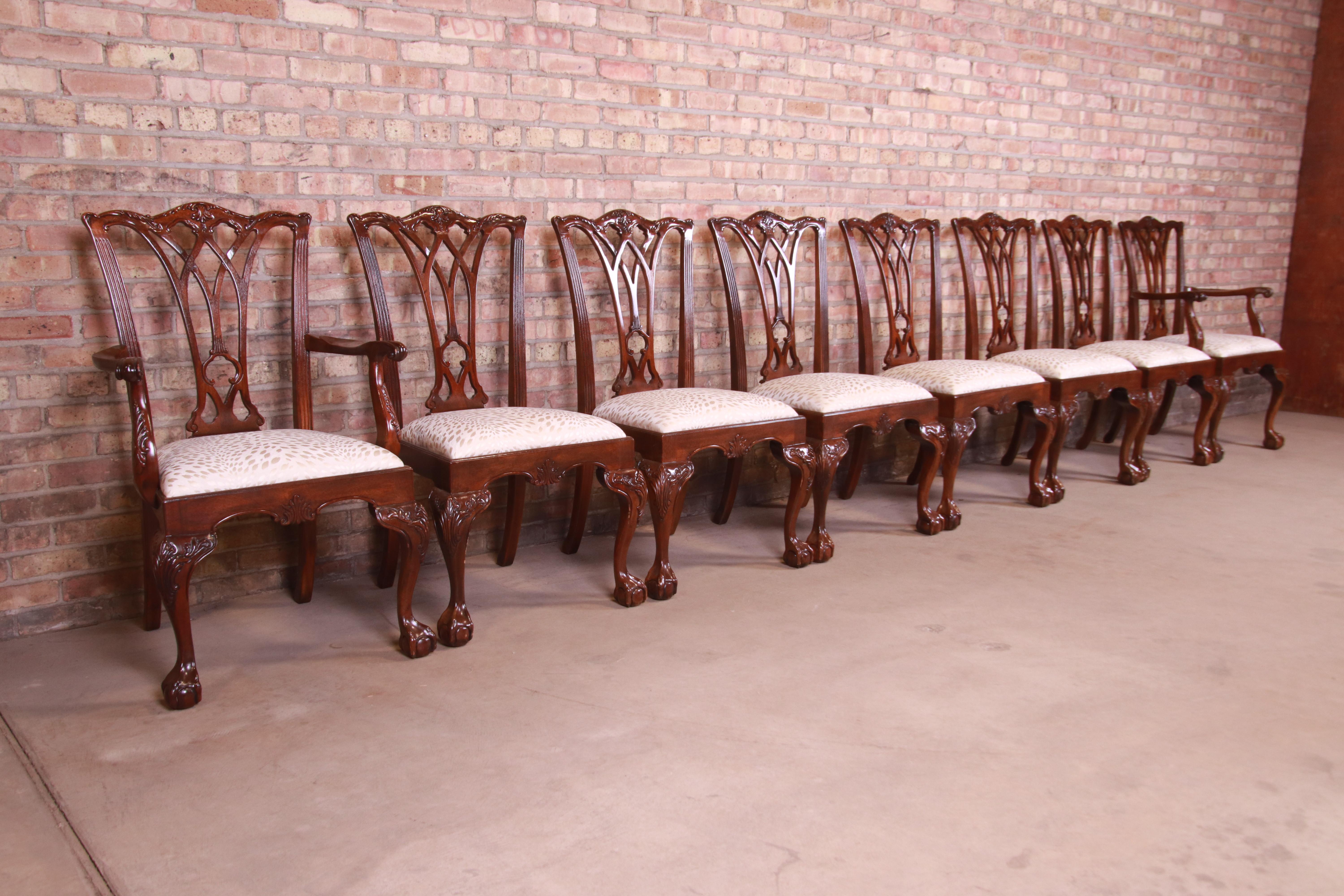 Upholstery Drexel Heritage Chippendale Carved Mahogany Dining Chairs, Set of Eight