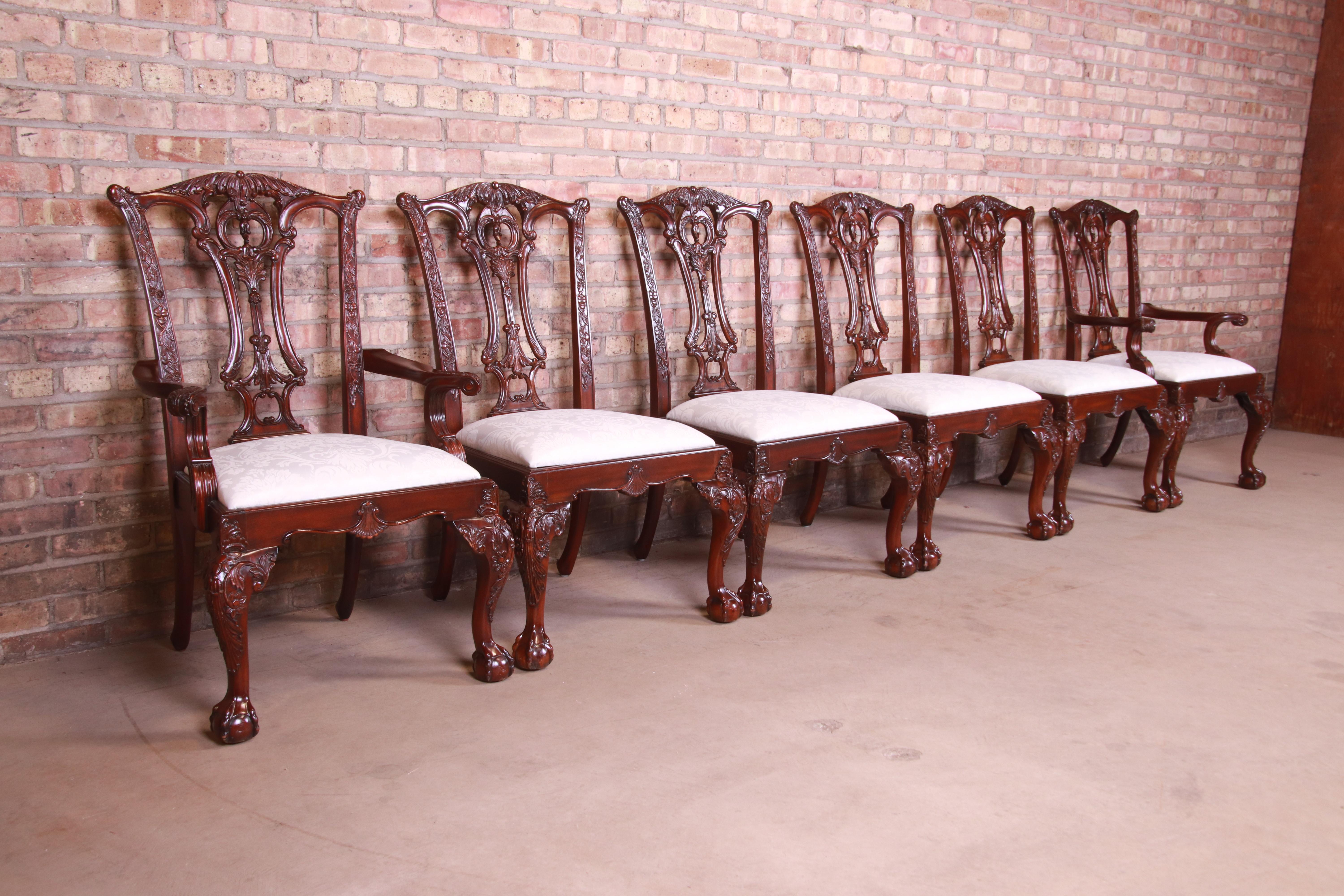 Upholstery Drexel Heritage Chippendale Carved Mahogany Dining Chairs, Set of Six