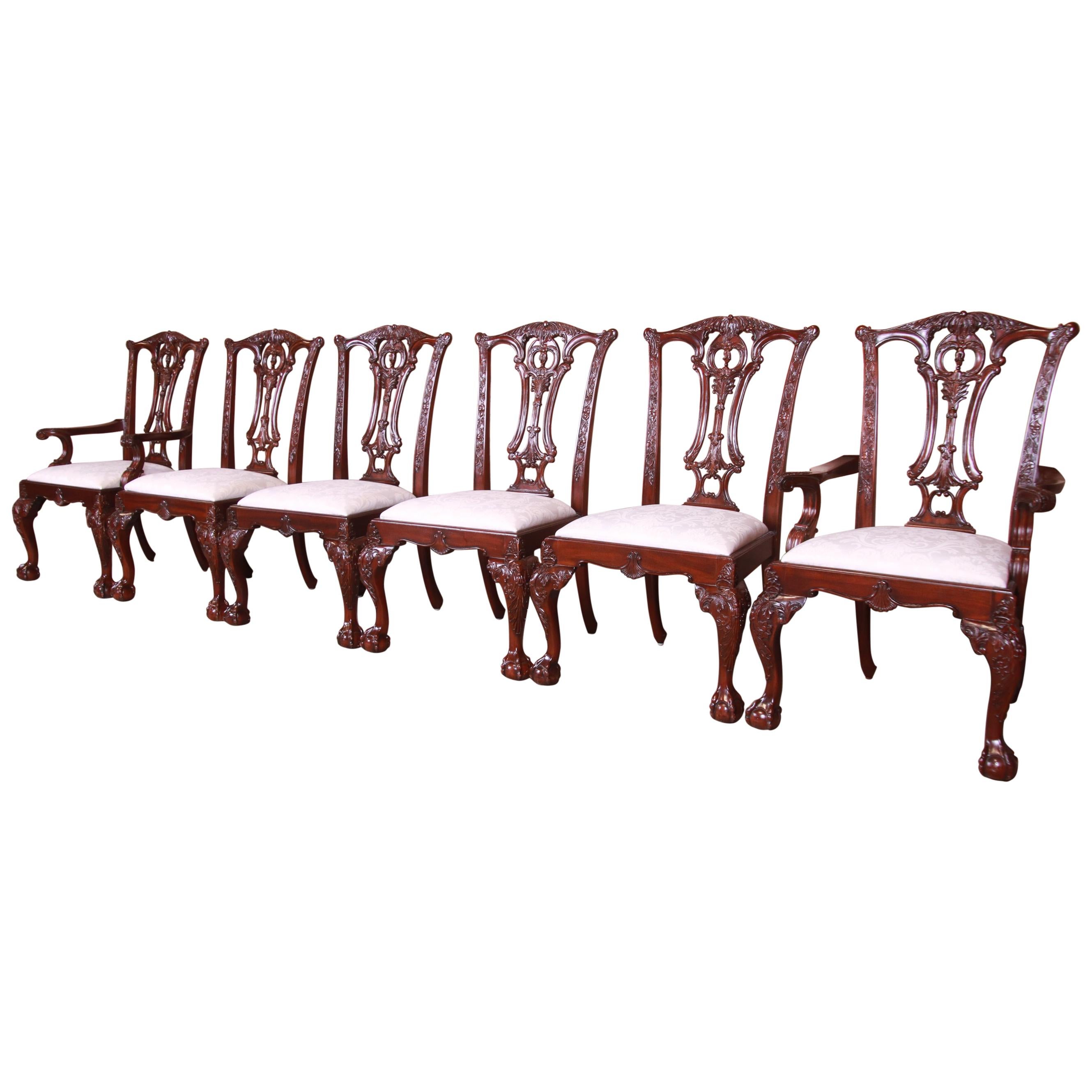 Drexel Heritage Chippendale Carved Mahogany Dining Chairs, Set of Six