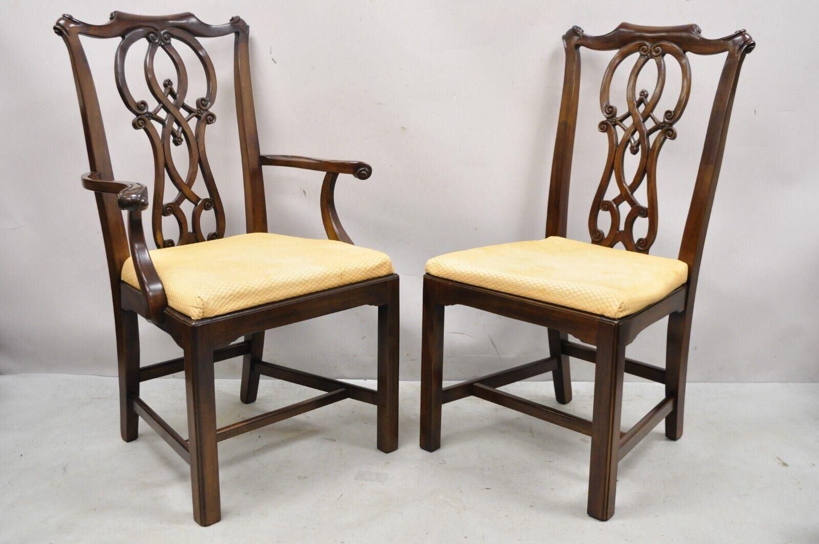Drexel Heritage Chippendale Georgian style mahogany dining chairs - set of 6. Item features (2) armchairs, (4) side chairs, solid wood frames, beautiful wood grain, nicely carved details, original labels, very nice vintage set, quality American