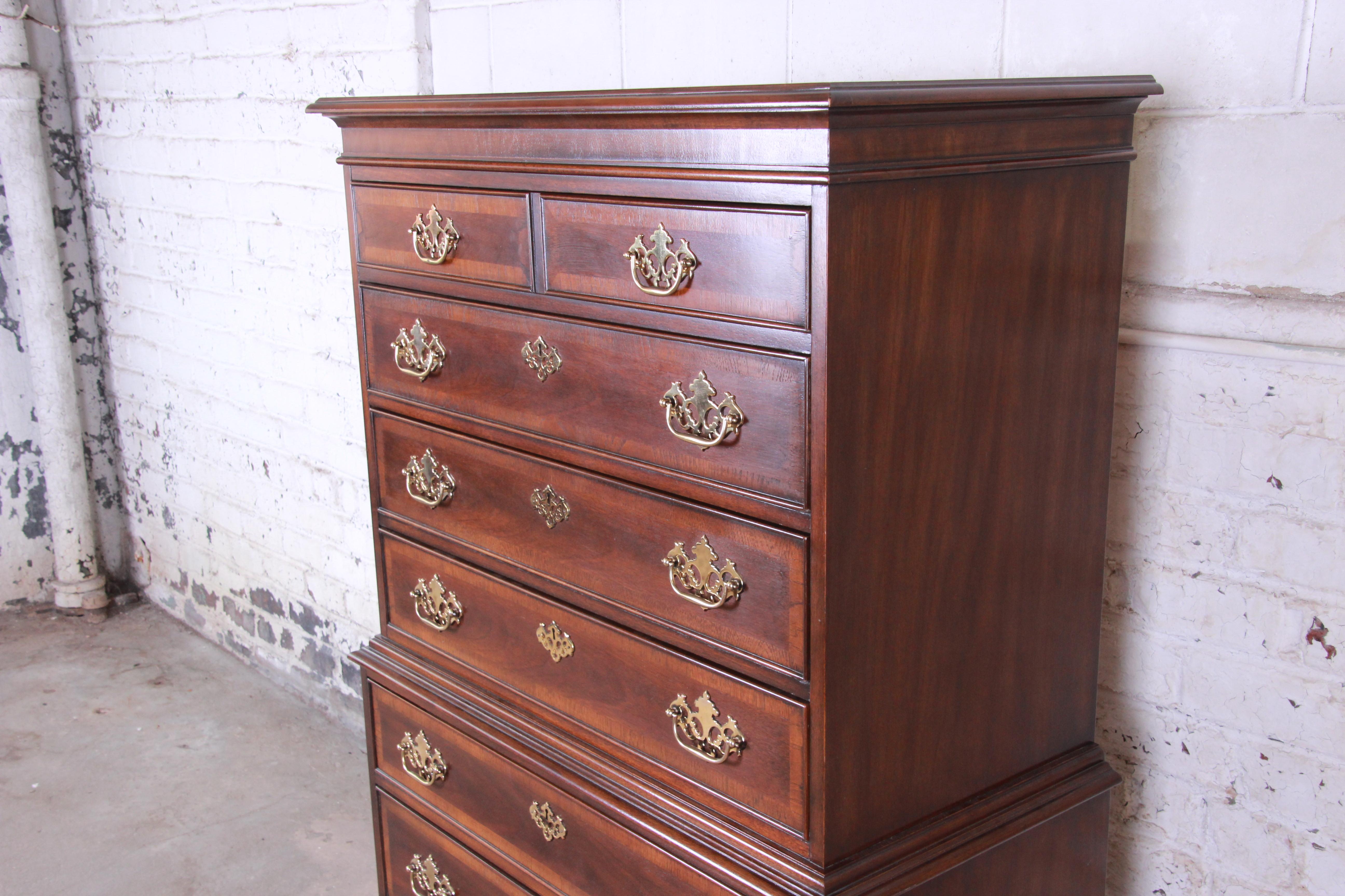 American Drexel Heritage Chippendale Style Banded Mahogany Highboy Dresser