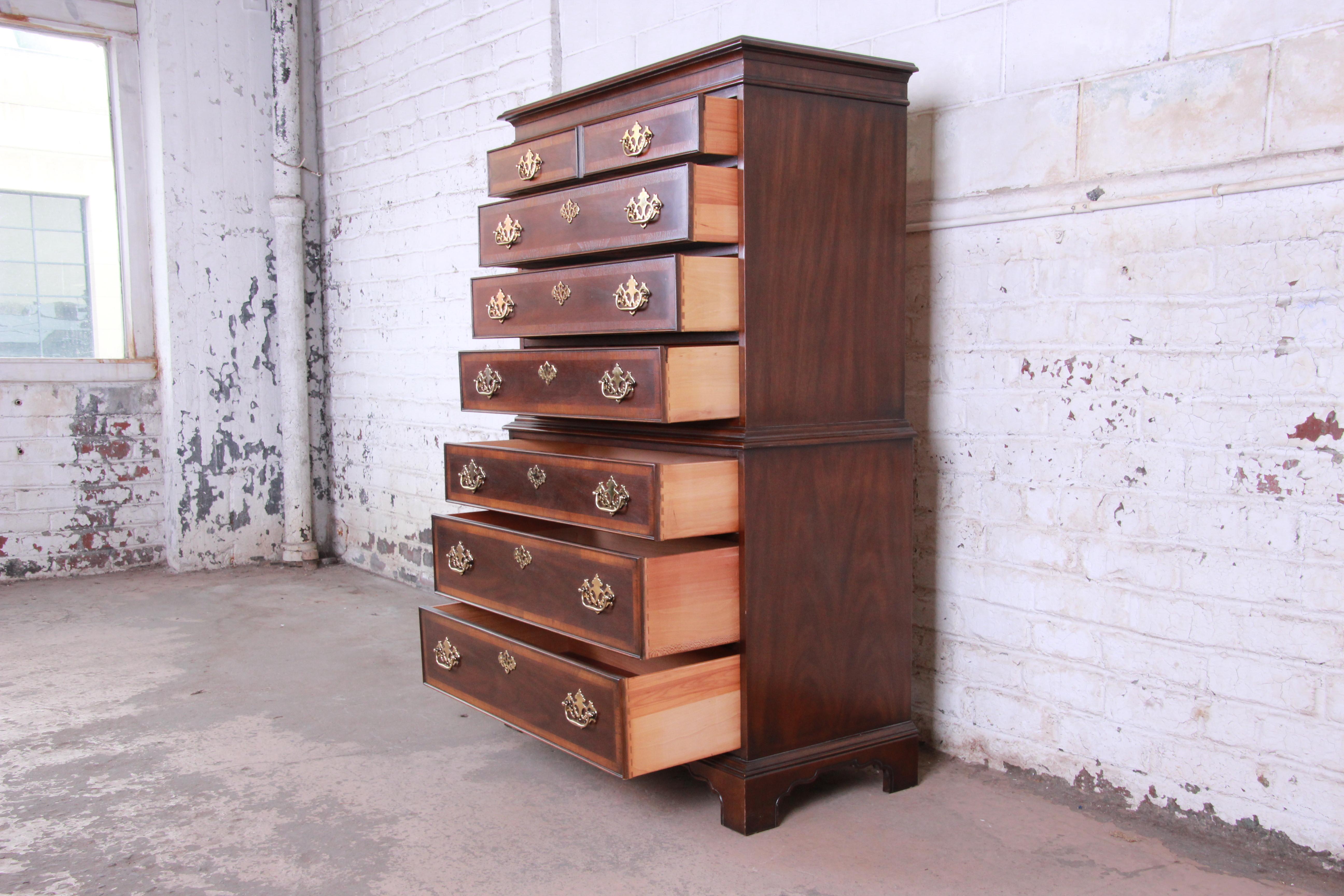 20th Century Drexel Heritage Chippendale Style Banded Mahogany Highboy Dresser