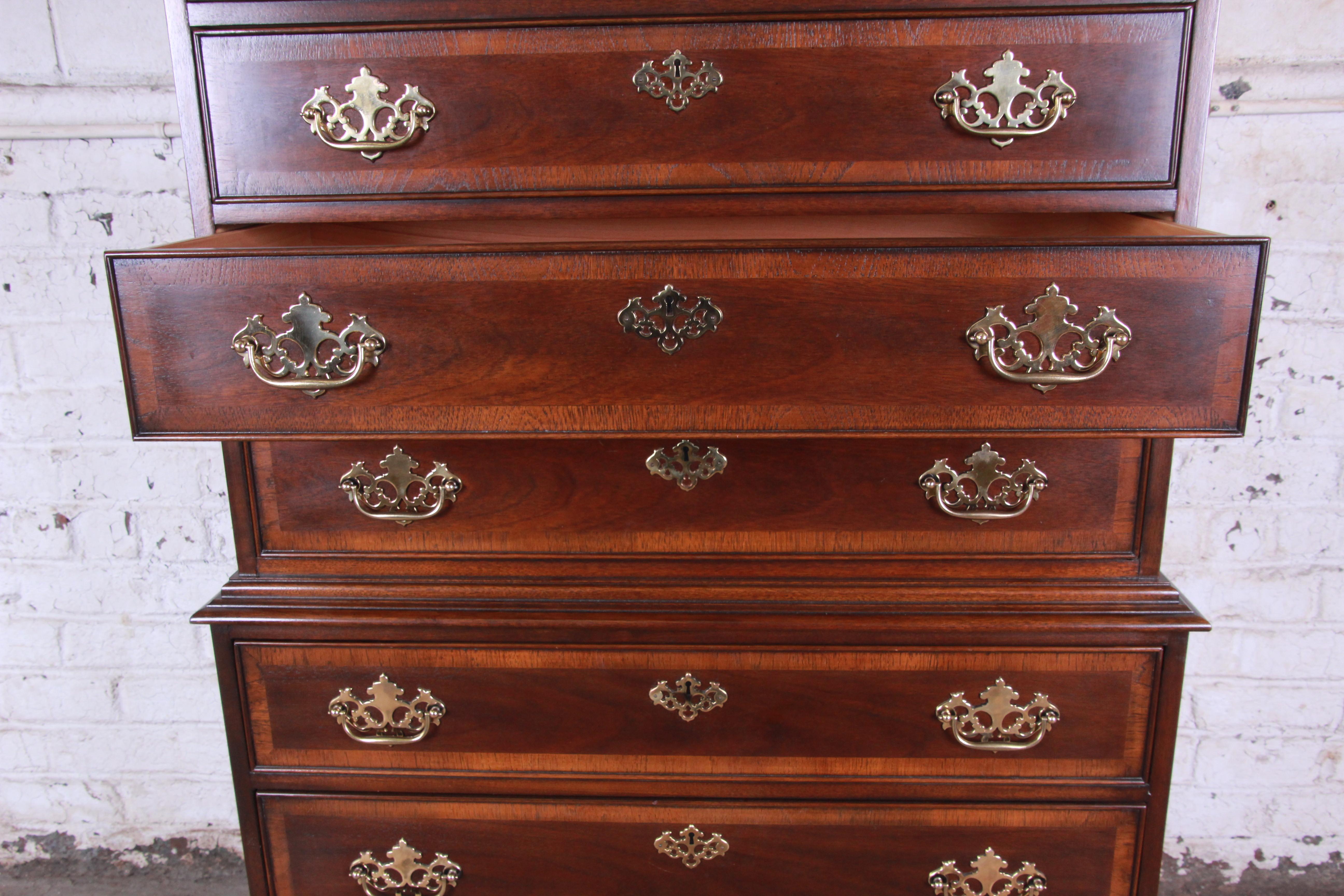 Brass Drexel Heritage Chippendale Style Banded Mahogany Highboy Dresser