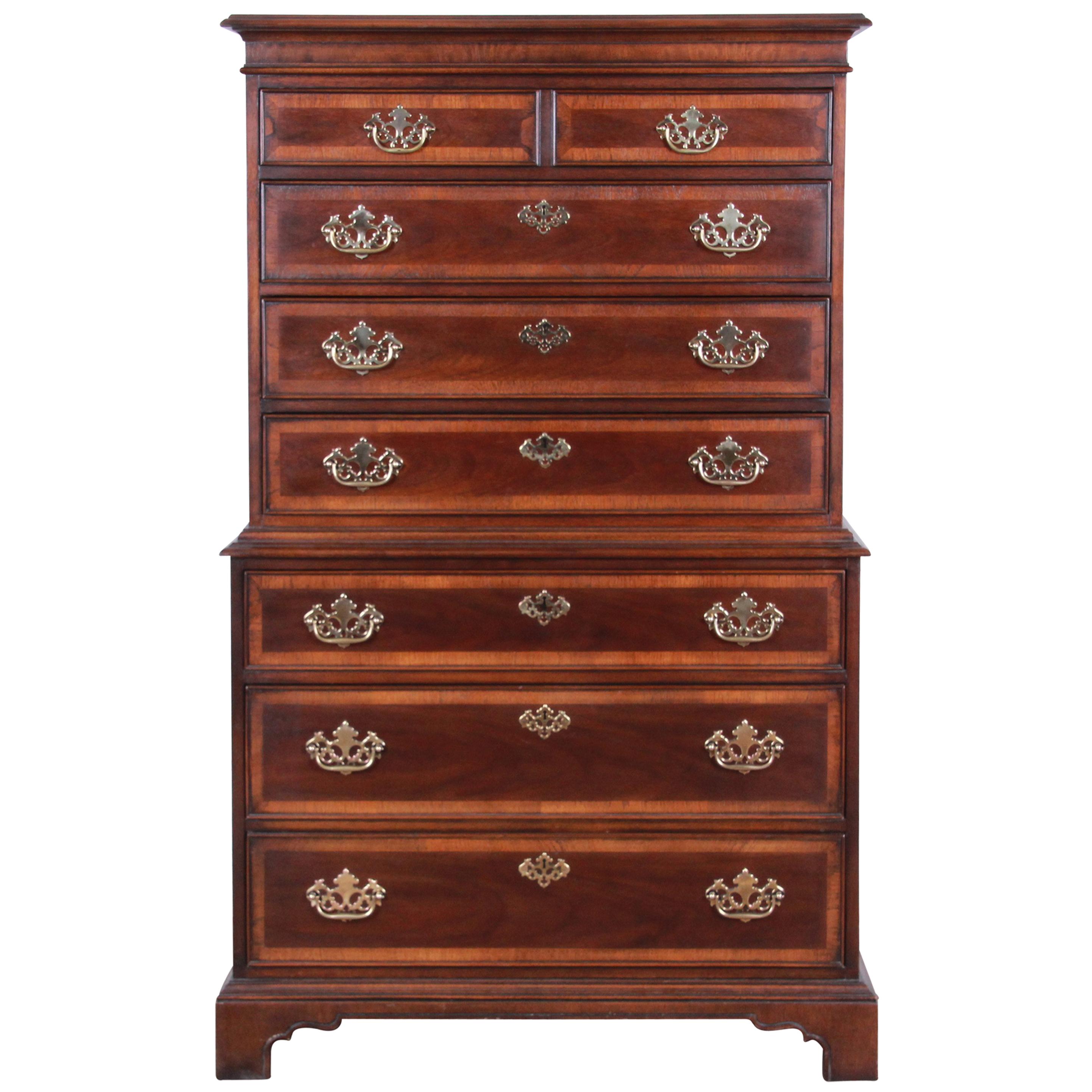Drexel Heritage Chippendale Style Banded Mahogany Highboy Dresser