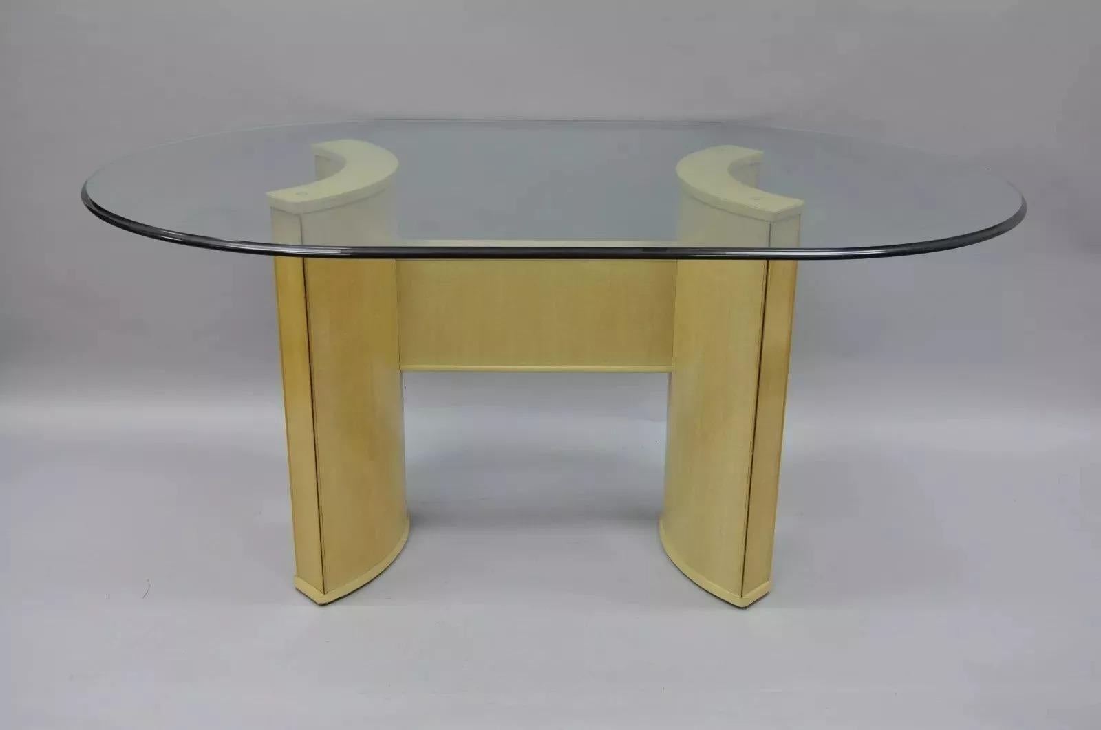 Drexel Heritage Compatibles Art Deco Style Blonde Wood Dining Room Set - 5 Pc Set. Listing includes 4 chairs (2 armchairs and 2 side chairs), beveled edge oval glass top table, original labels and serial numbers, cane backs, great sleek sculptural