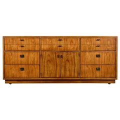 Drexel Heritage Consensus Brass Accent Pecan Dresser, 1970s Campaign Style