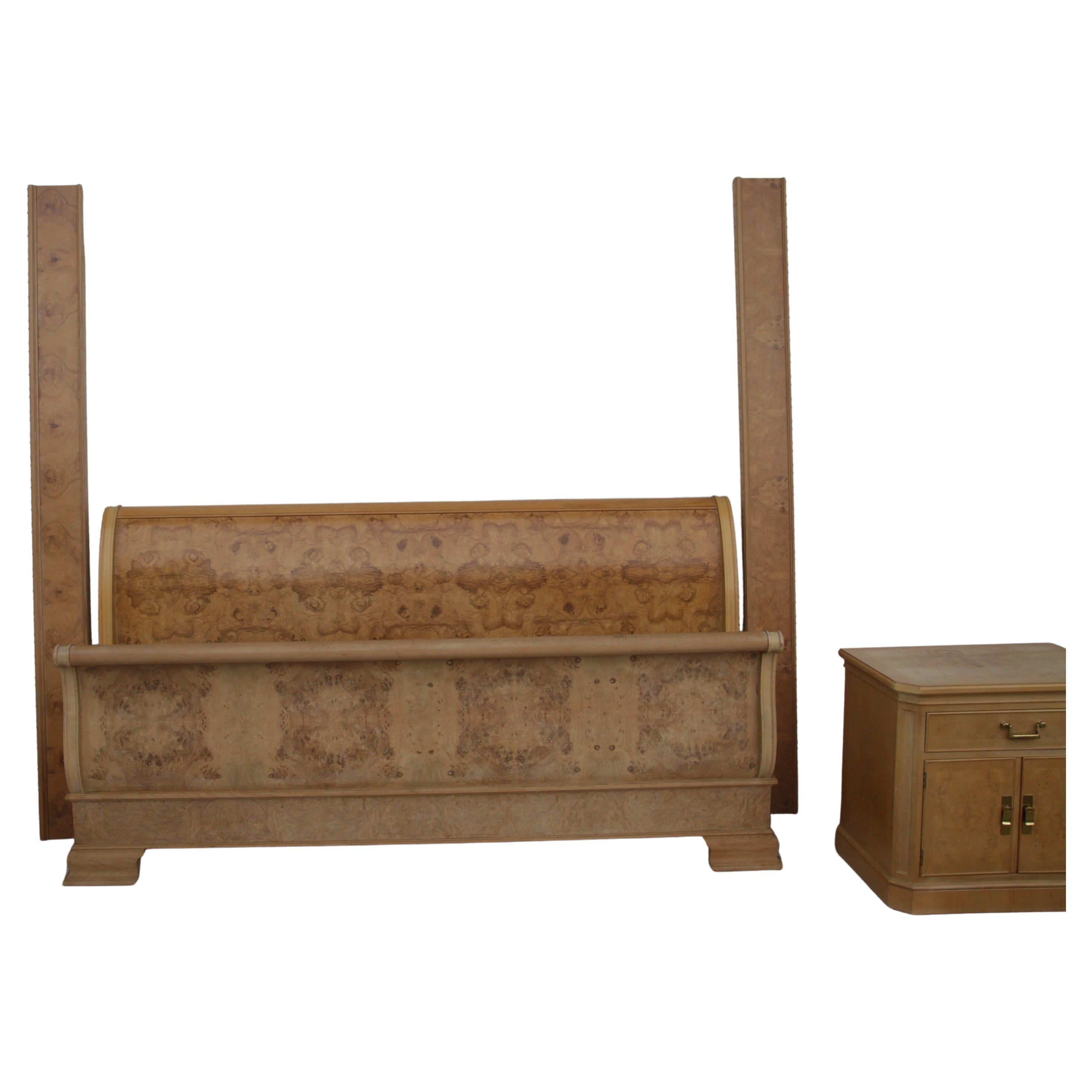 A Drexel Heritage Corinthian King Size Sleigh Style Bedframe.
These are very well-made and solid pieces. Made of solid wood with Ash Burl Veneer.

Dimensions: 
Length: 107