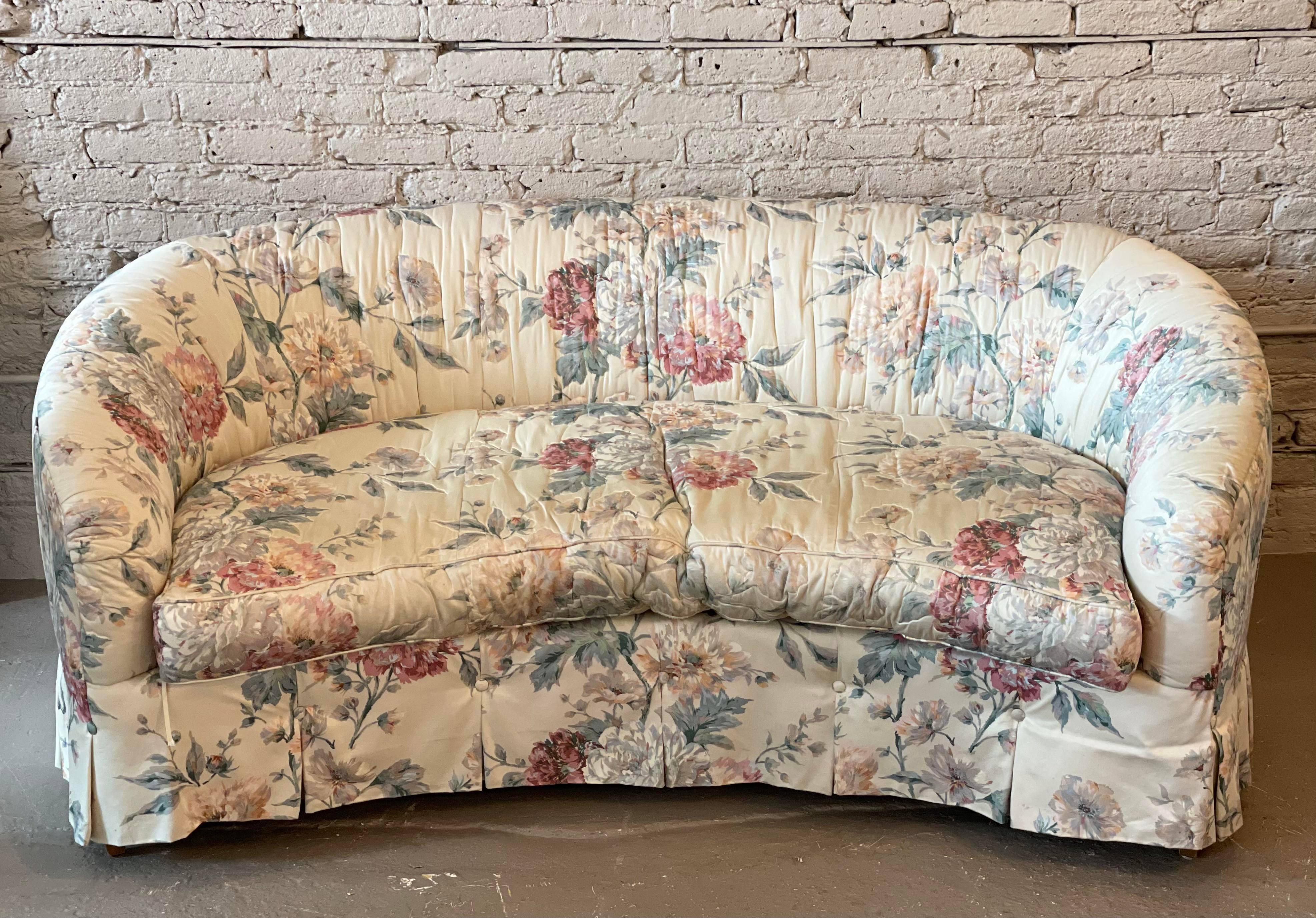 Drexel Heritage Curved Floral Sofas in Upholstery with Wood, a Pair 1