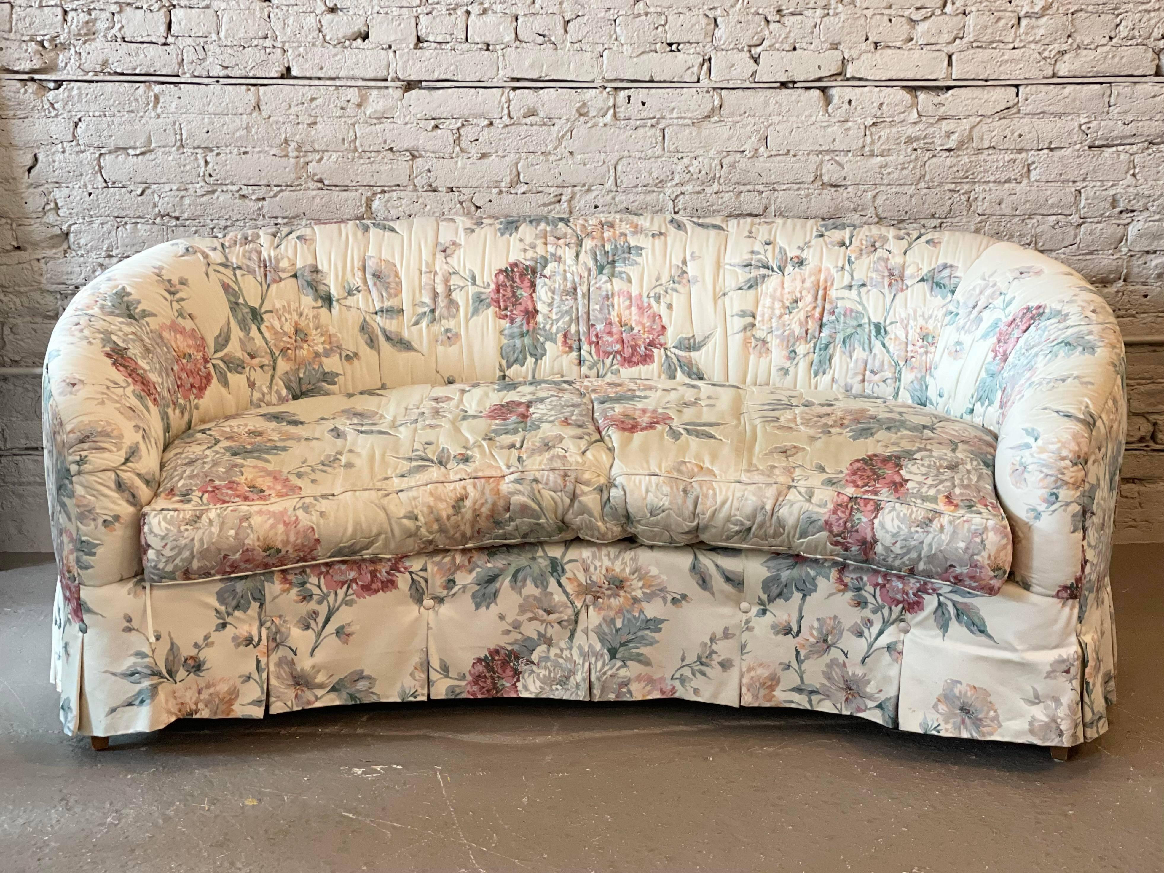 20th Century Drexel Heritage Curved Floral Sofas in Upholstery with Wood, a Pair