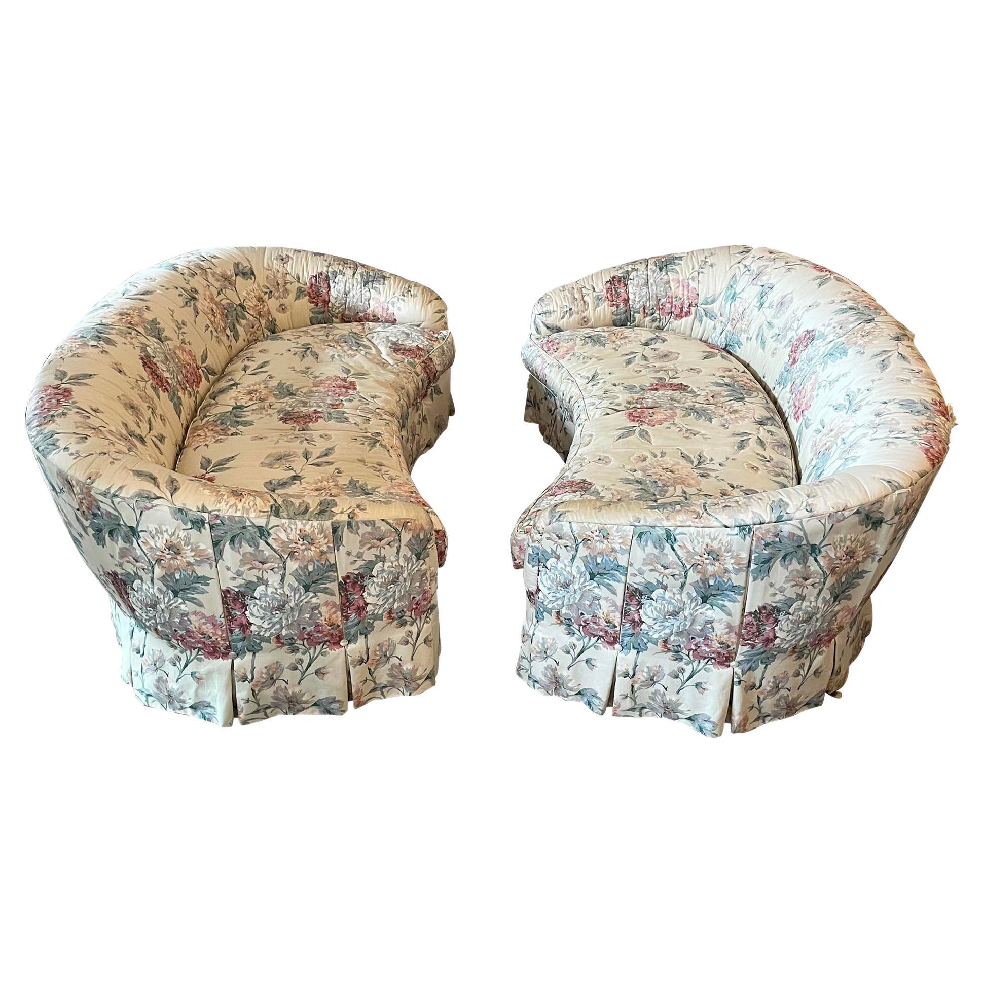 Drexel Heritage Curved Floral Sofas in Upholstery with Wood, a Pair
