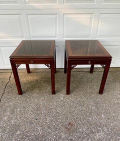 Drexel Heritage English Chippendale Banded Mahogany Side Tables, Pair