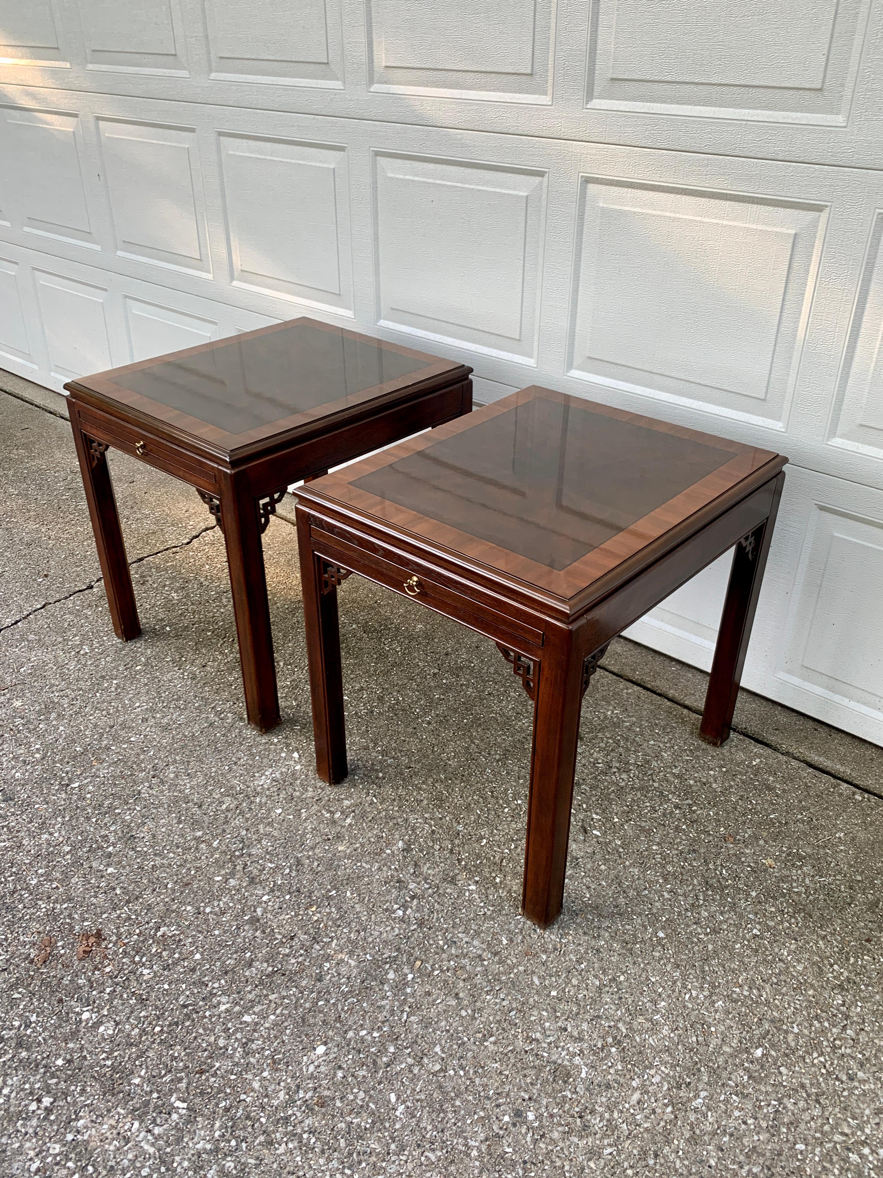 American Drexel Heritage English Chippendale Banded Mahogany Side Tables, Pair