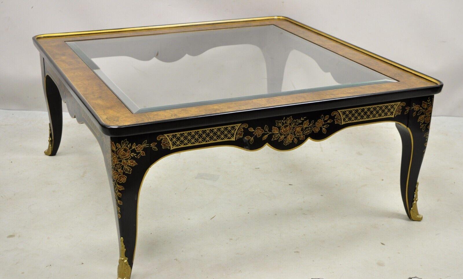 Drexel Heritage Et Cetera Black Chinoiserie Burlwood Square Coffee Table. Item features burlwood top, black lacquer finish, square beveled glass top, brass ormolu, painted floral detail, original label, quality American craftsmanship, great style
