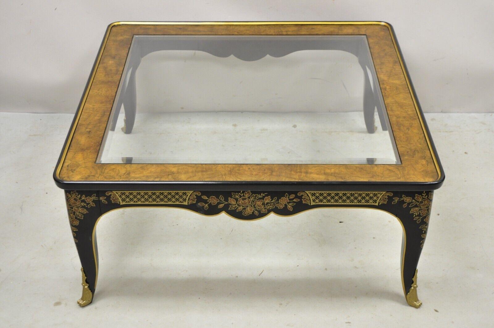 Drexel Heritage Et Cetera Black Chinoiserie Burlwood Square Coffee Table In Good Condition In Philadelphia, PA