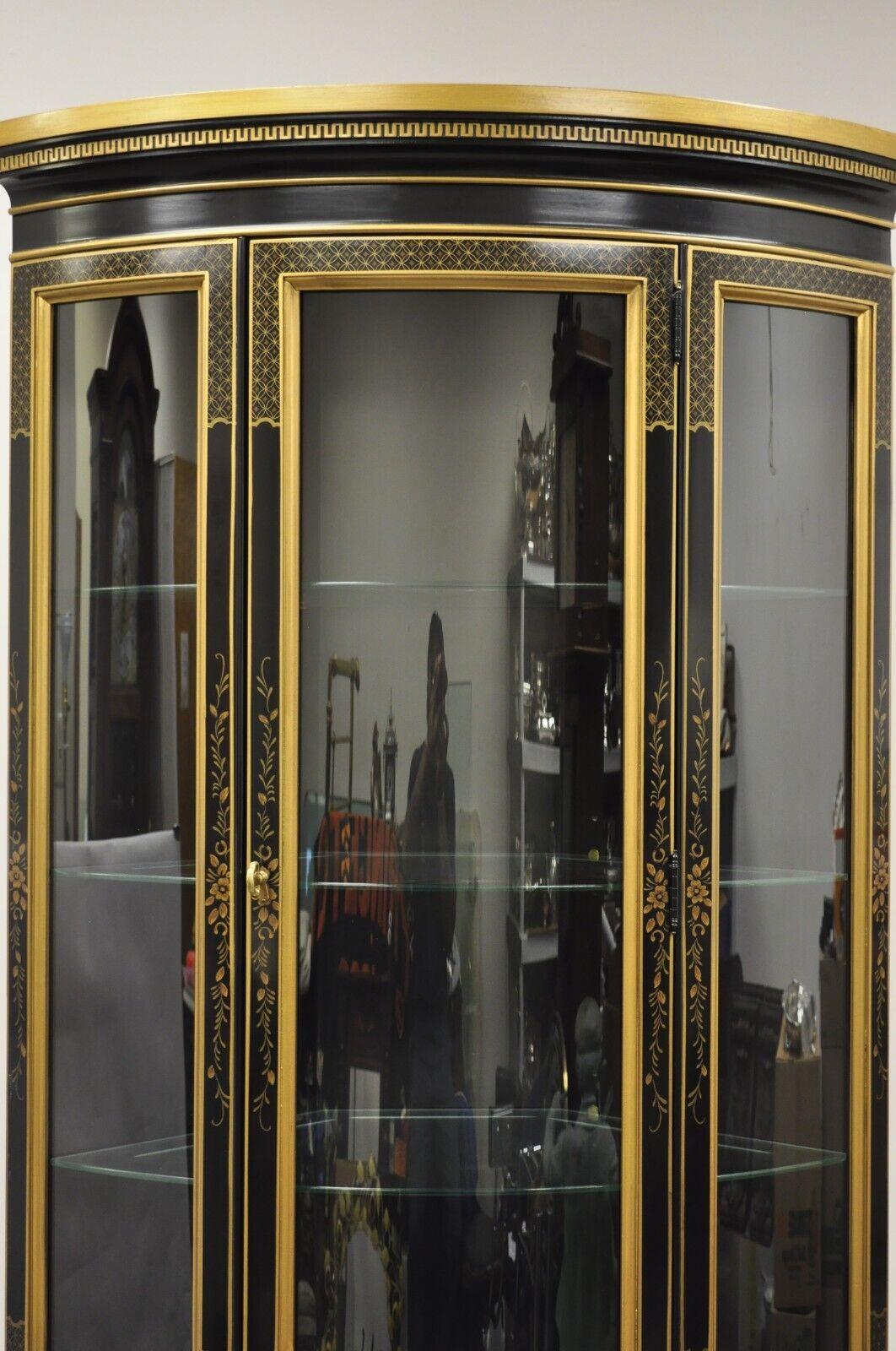 Drexel Heritage Et Cetera Black Gold Chinoiserie Bow Front China Display Cabinet In Good Condition In Philadelphia, PA