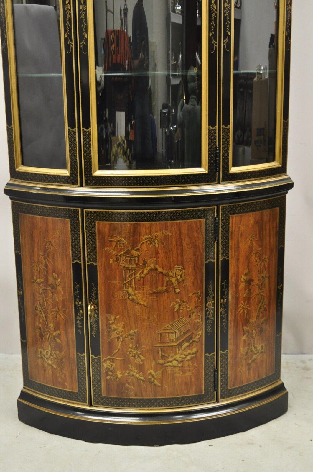 20th Century Drexel Heritage Et Cetera Black Gold Chinoiserie Bow Front China Display Cabinet