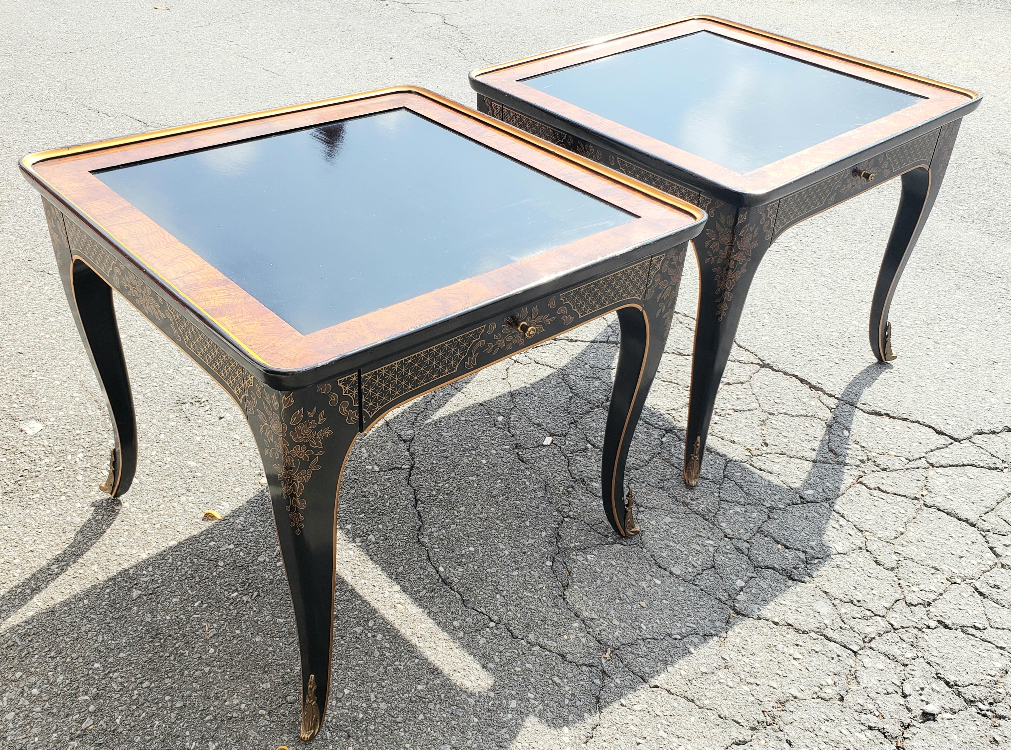 For your consideration is this Extraordinary pair of end tables!!! This is a gem by Drexel, from their ET Cetera line. It is comprised of two rectangular wood frames Tables with highly skilled, painted gold chinoiserie designs along the apron of the