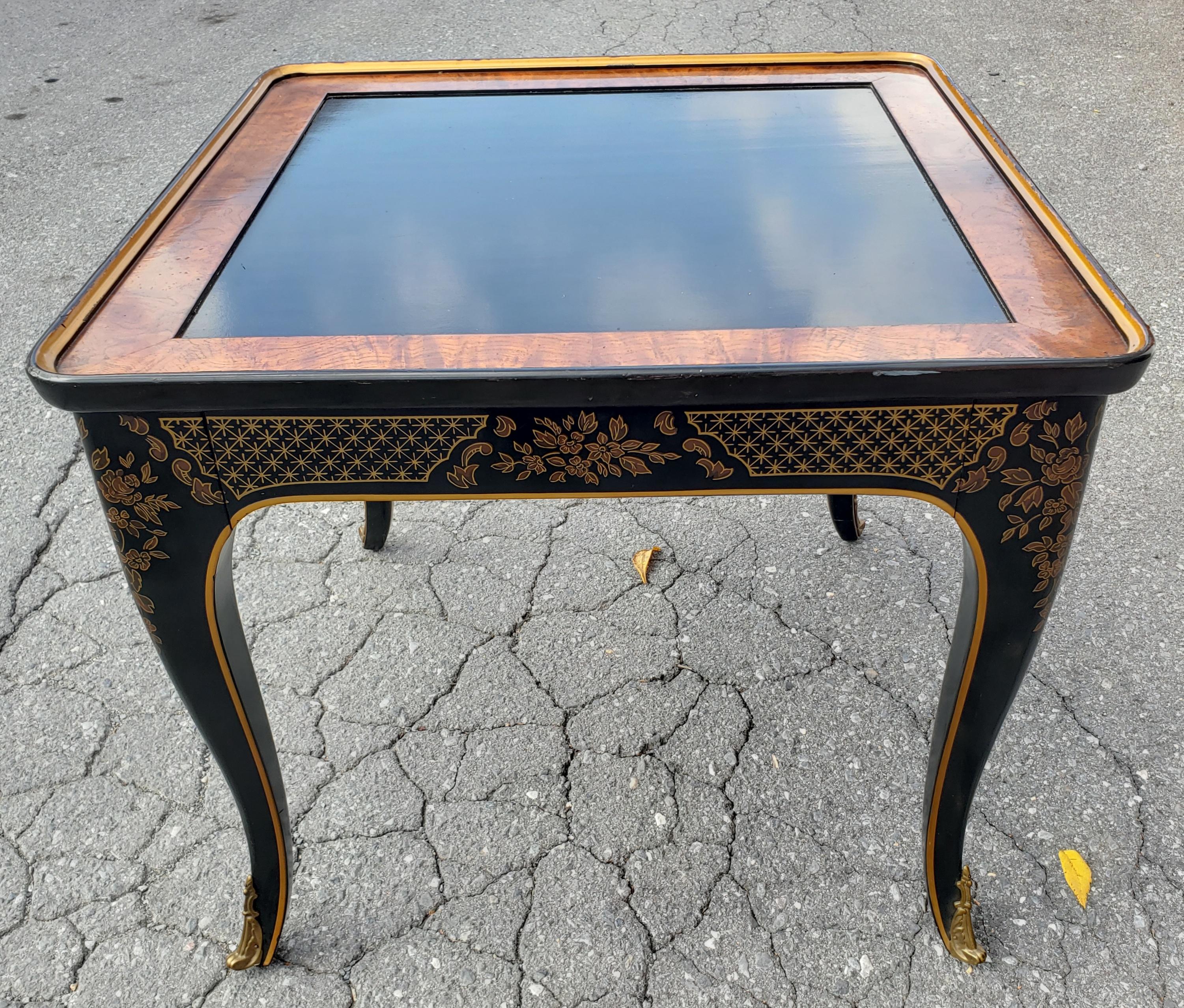 American Drexel Heritage Et Cetera Chinoiserie Black & Burl & Ormolu End Tables, a Pair For Sale
