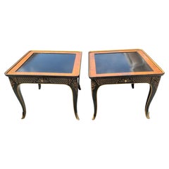 Drexel Heritage Et Cetera Chinoiserie Black & Burl & Ormolu End Tables, a Pair