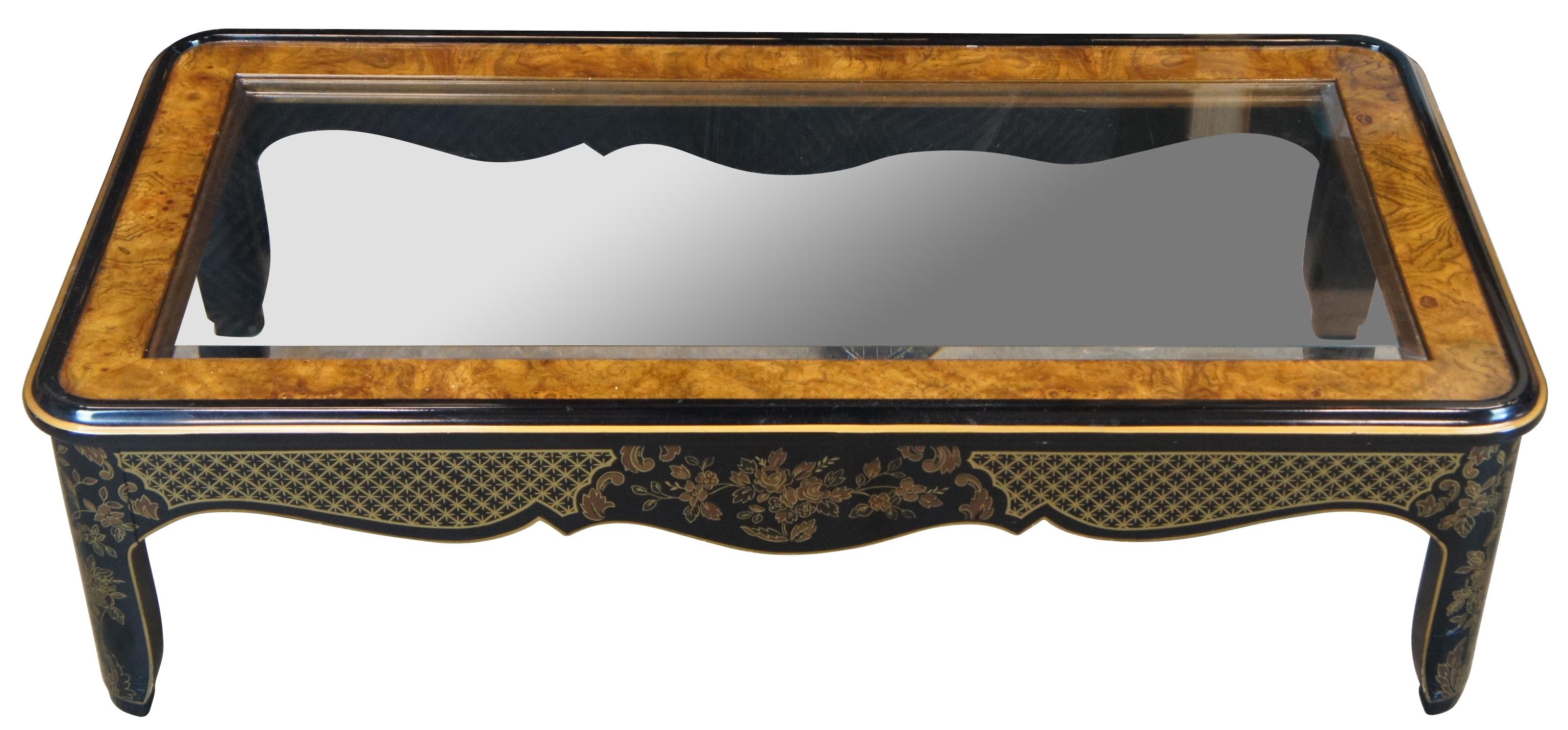 Drexel Heritage Et Cetera coffee table, circa 1980s. Features rectangular Hollywood Regency form with Chinoiserie japanned (black lacquer) hand painted motif with gold detail of florals / flowers, lattice designs and ashwood burled edge with beveled