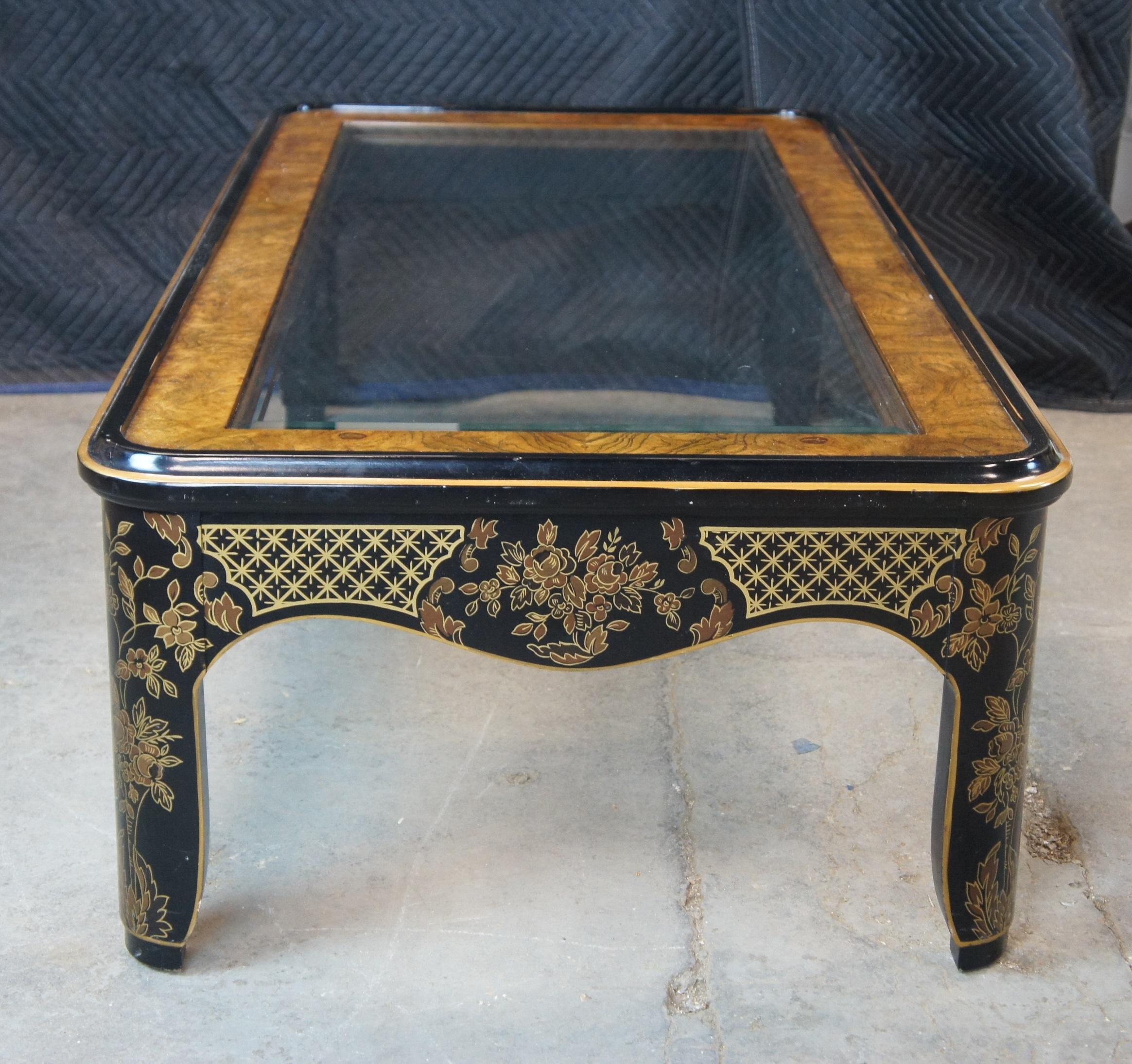 Drexel Heritage Et Cetera Chinoiserie Black Lacquer Ash Burl Glass Coffee Table In Good Condition In Dayton, OH